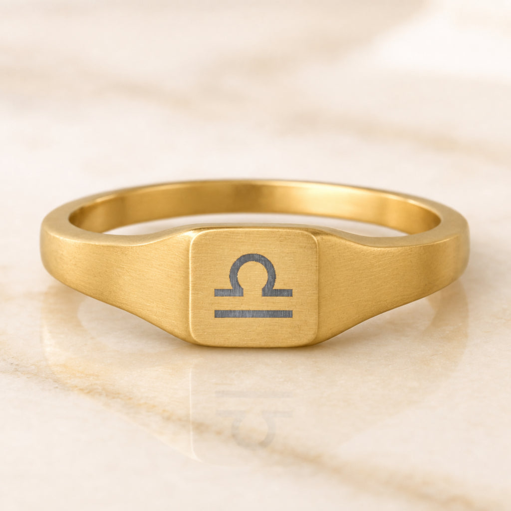 Libra zodiac square signet ring — available in all 12 zodiac signs, variant grid with date ranges
