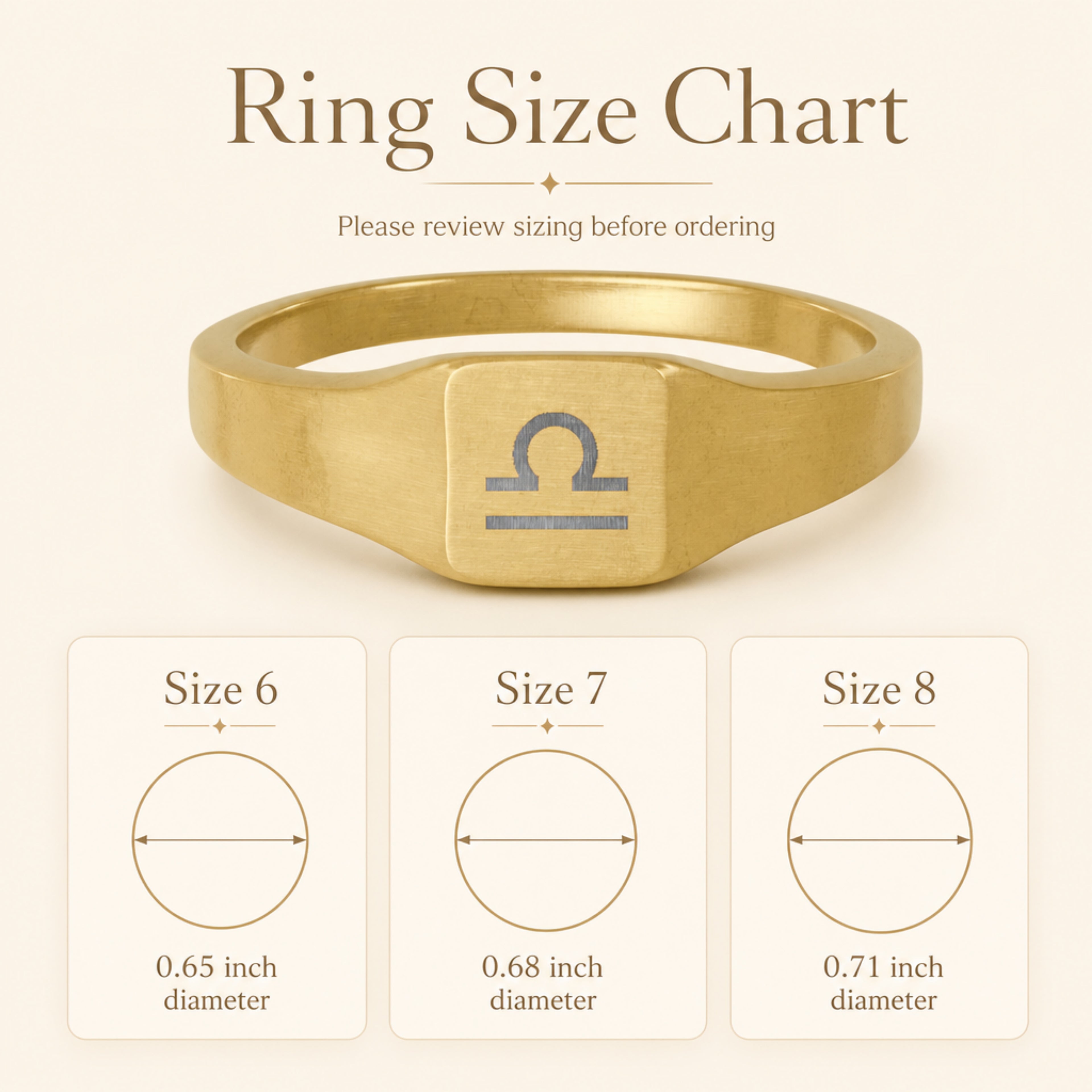 Libra zodiac square signet ring size chart — sizes 6, 7, 8 with 0.65/0.68/0.71 inch diameter reference