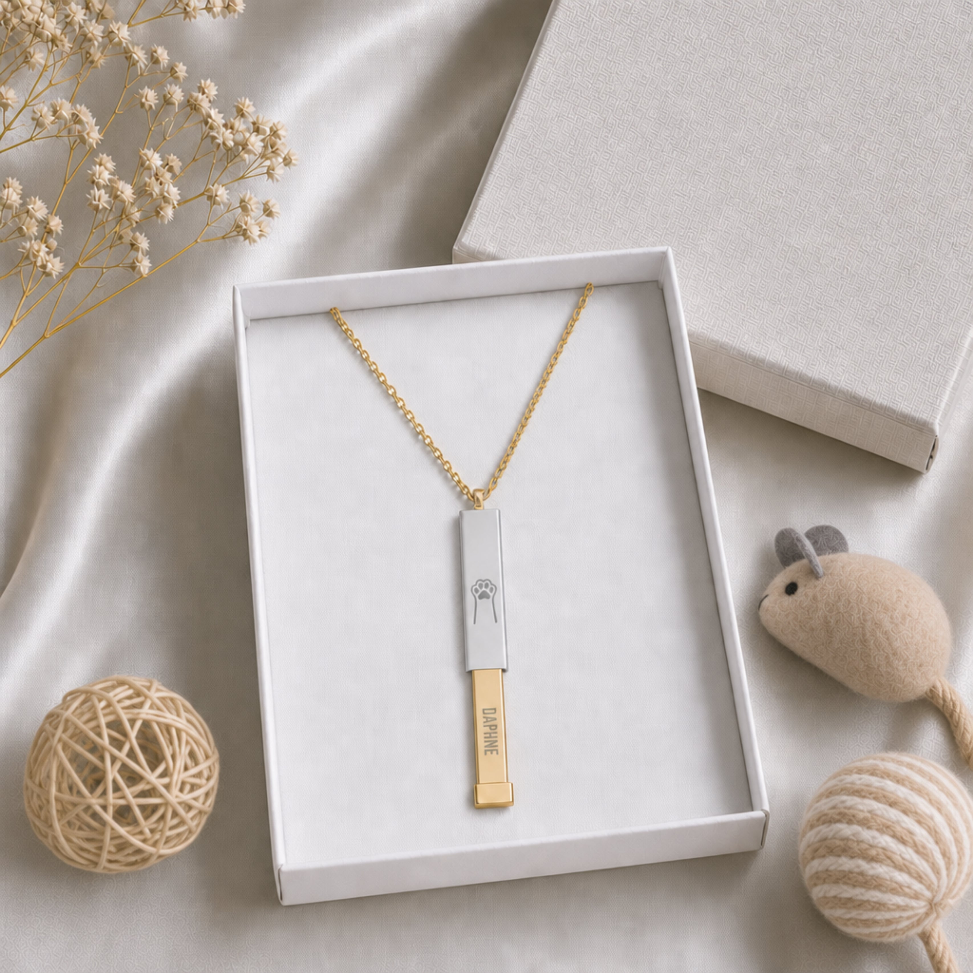 Personalized cat paw hidden-message sliding bar necklace in a gift box, ready to give