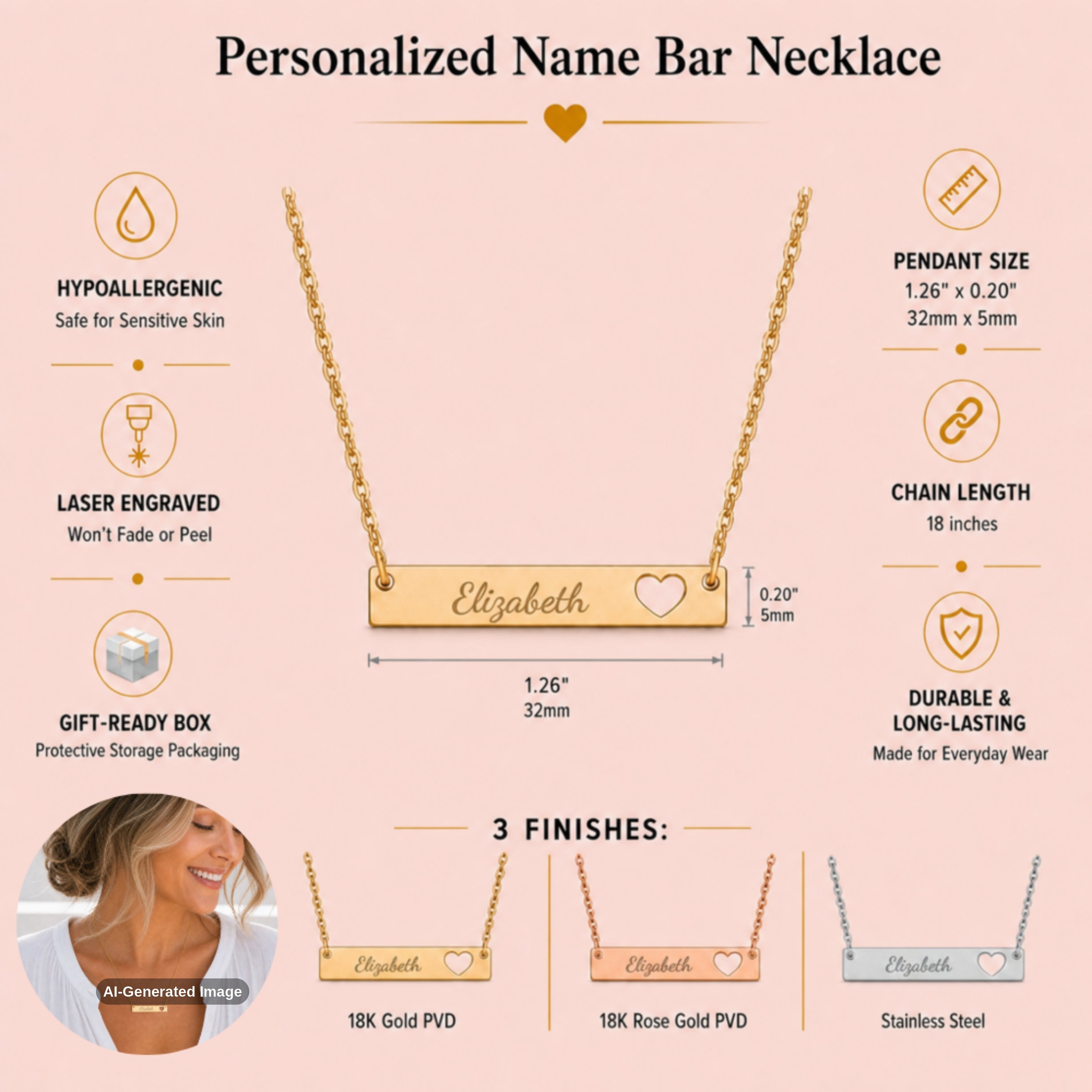 Detail of the heart-cutout name bar pendant on a fine chain — slim engravable bar