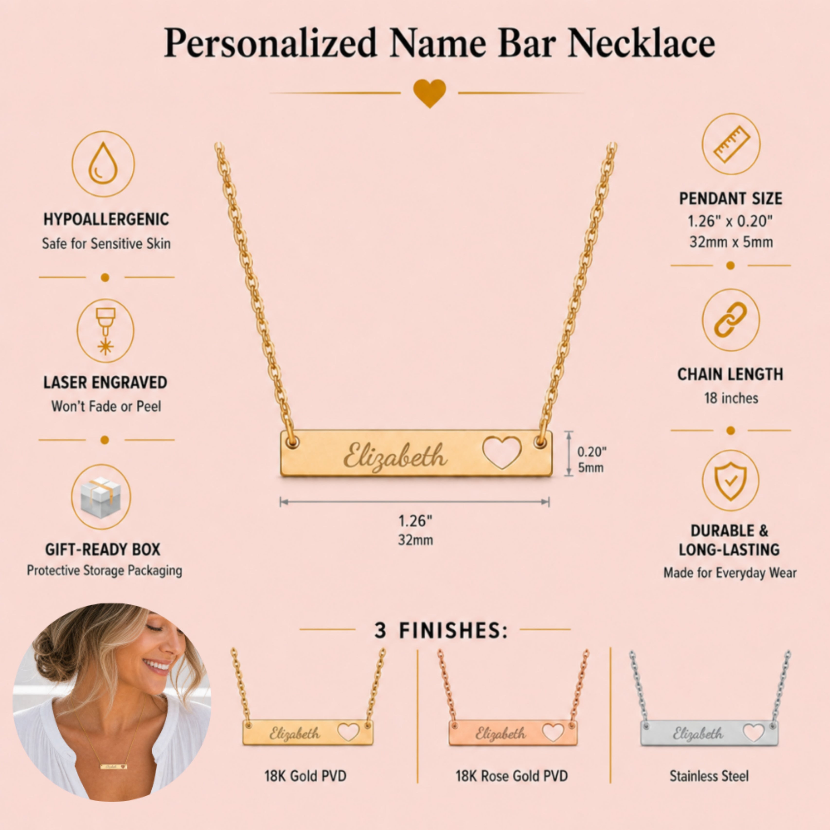 Detail of the heart-cutout name bar pendant on a fine chain — slim engravable bar