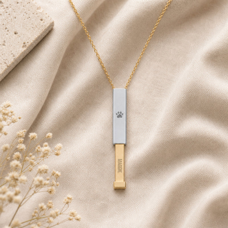 Personalized pet name hidden-message sliding bar necklace in gold, slid open to reveal the engraved name and paw print