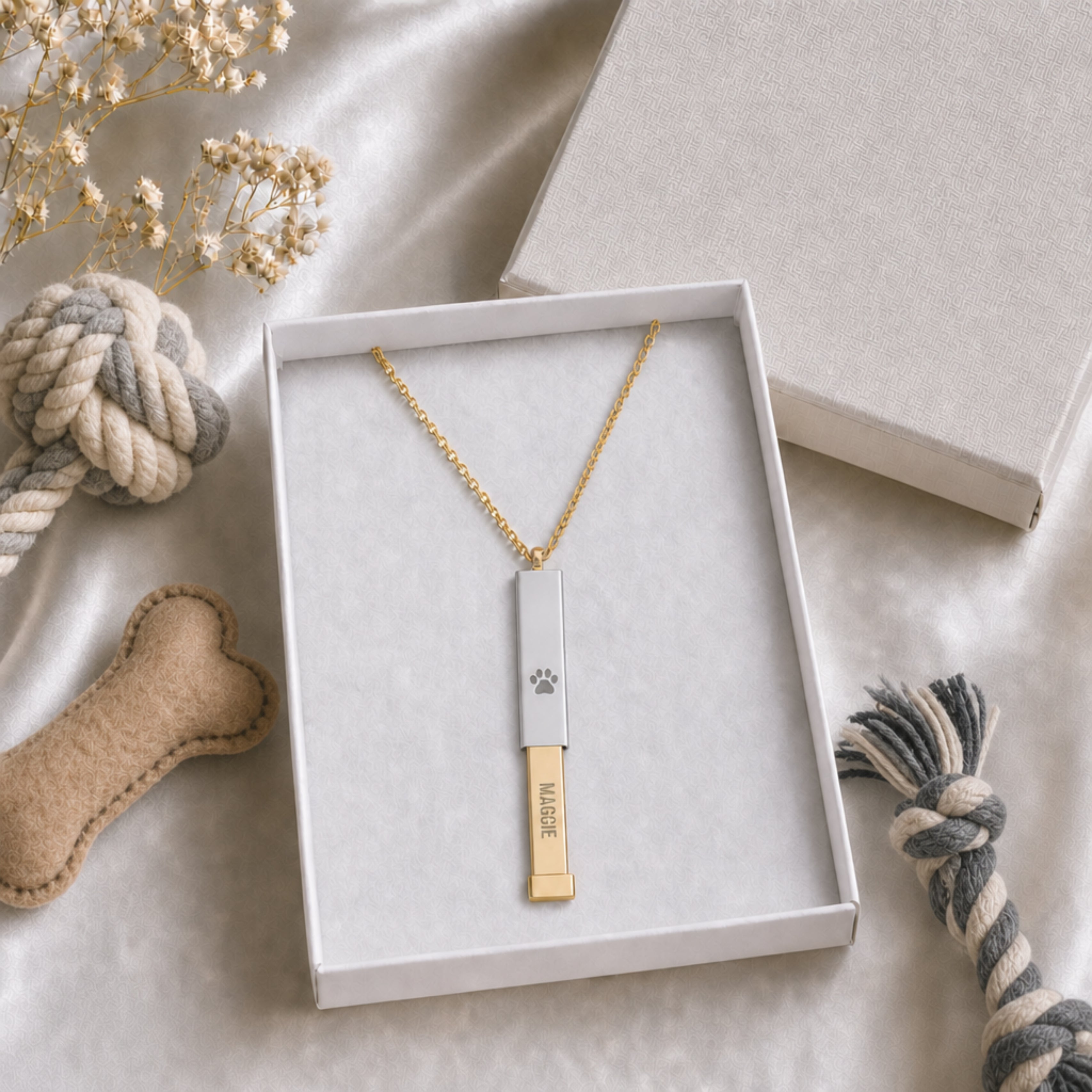 Personalized dog paw hidden-message sliding bar necklace in a gift box, ready to give