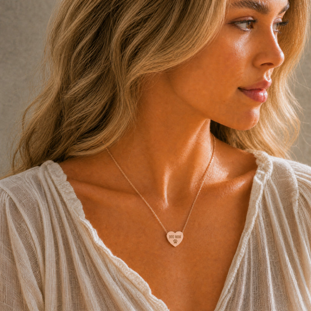 Dog Mom heart necklace in 18K rose gold — lifestyle photo