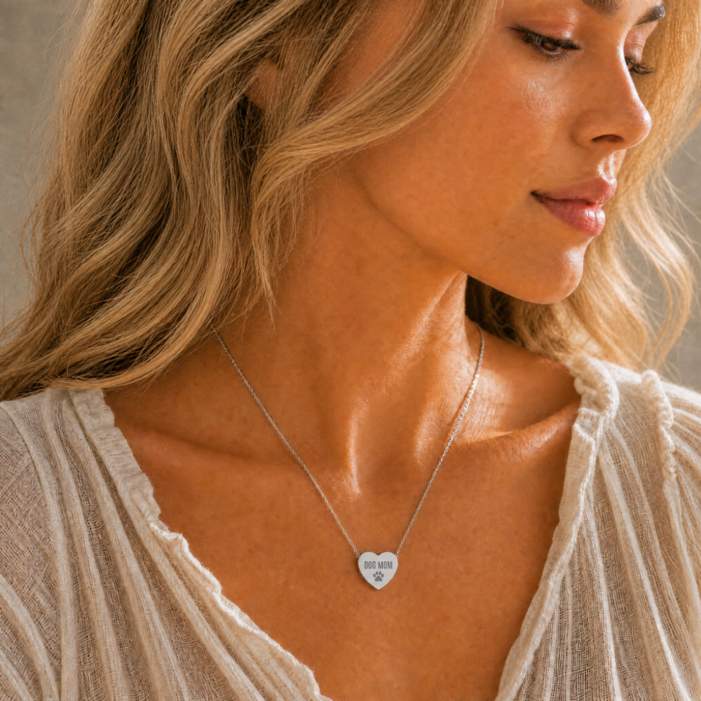 Dog Mom heart necklace in stainless steel — lifestyle photo