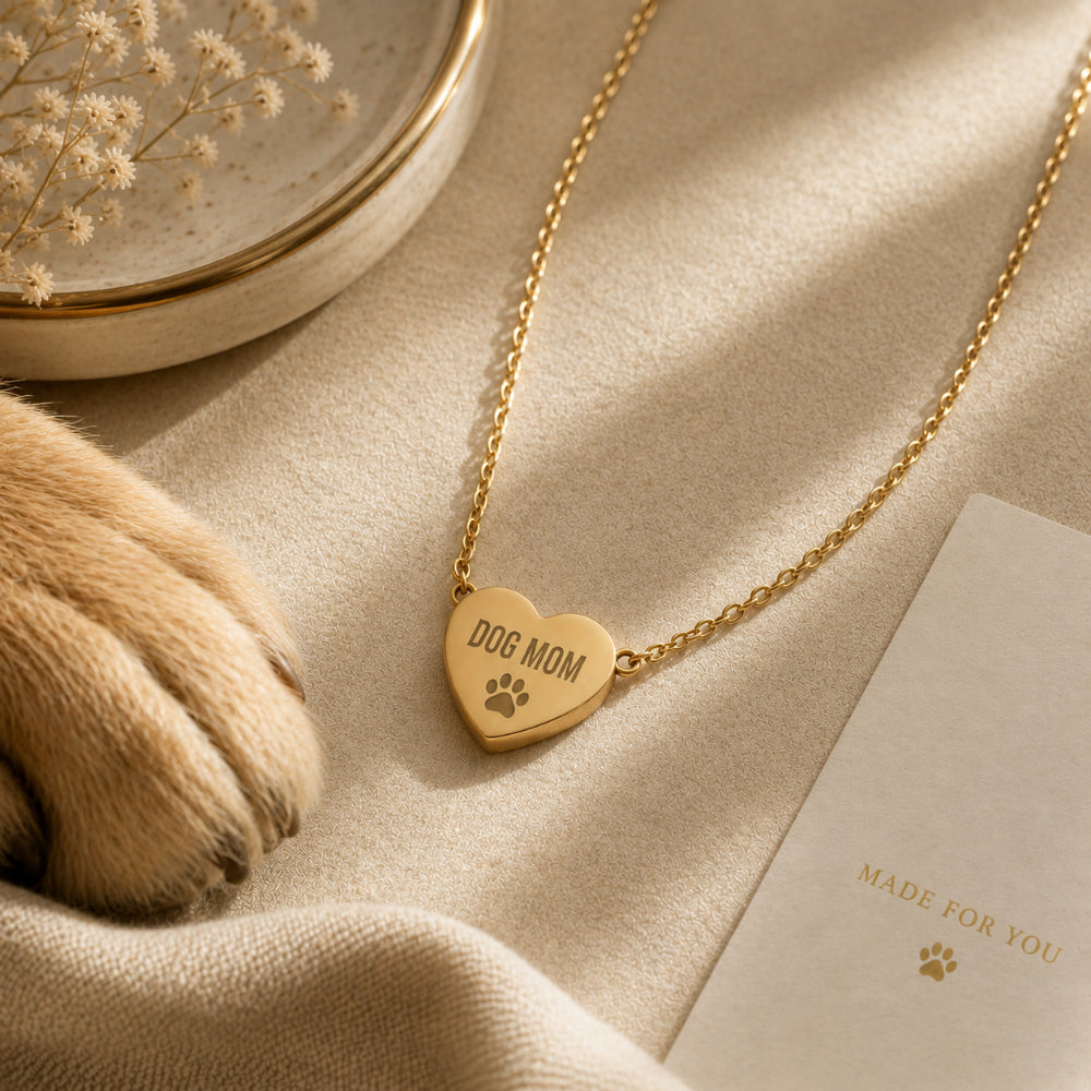 Dog Mom heart necklace flat lay with linen backdrop