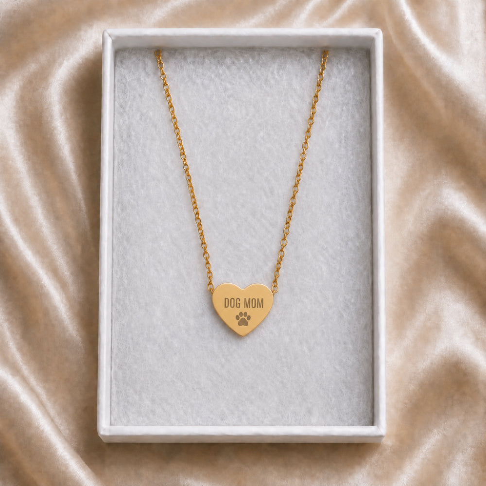 Dog Mom heart necklace in cream gift box, gift-ready packaging
