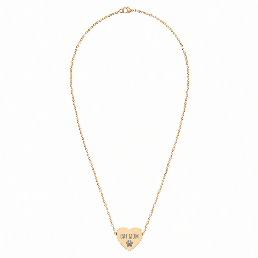 Dog Mom heart necklace — pre-engraved paw print pendant, hero product photo
