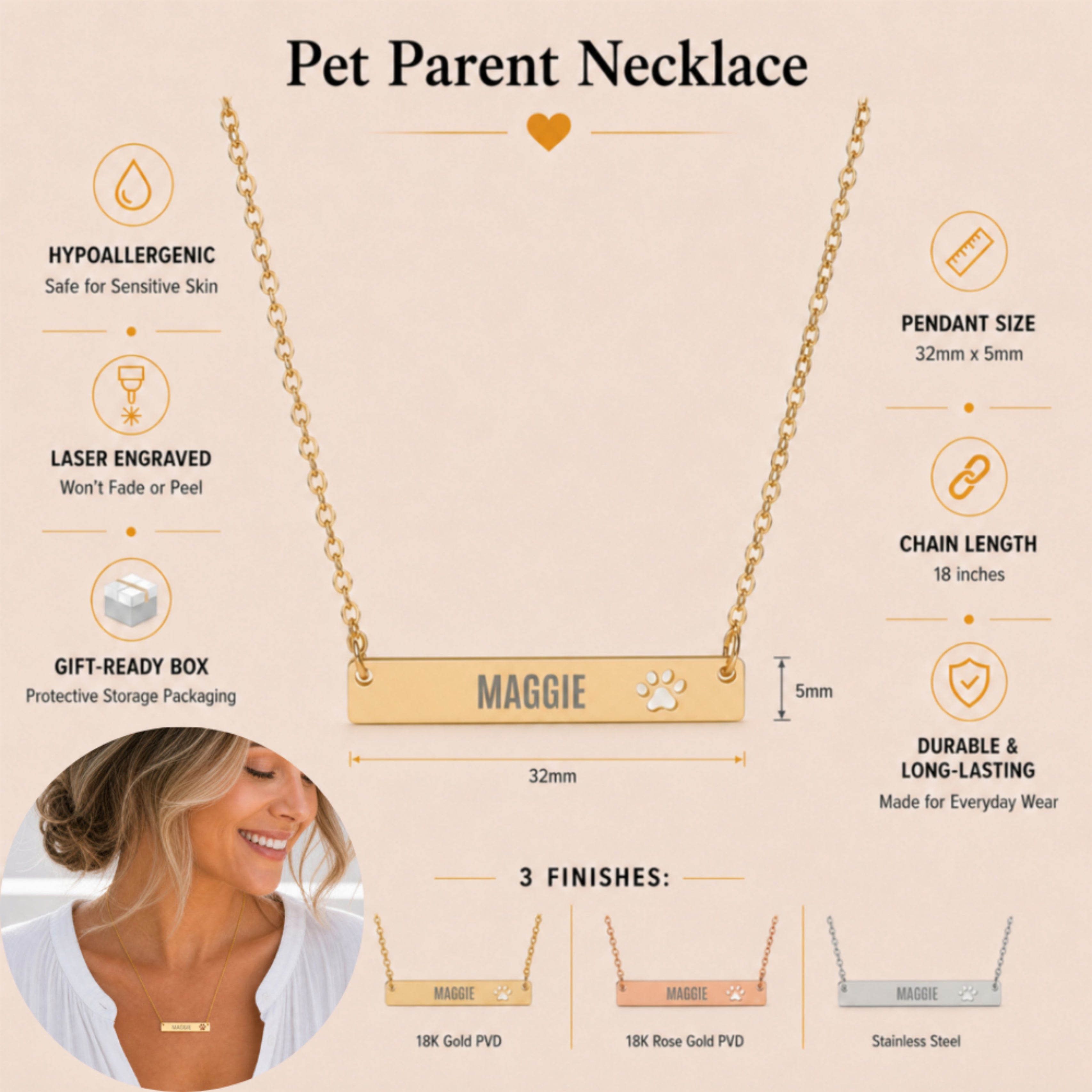 Pet parent necklace info graphic — 32mm by 5mm laser-engraved bar, 18-inch chain, in 18K gold, rose gold, and stainless steel finishes