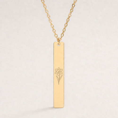 March Birth Flower Necklace — Daffodil Vertical Bar Pendant