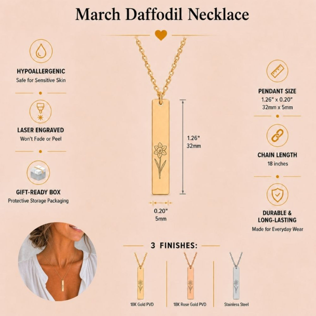 March birth flower necklace — Daffodil vertical bar pendant specs: 1.26" × 0.20" × 0.08" (32 × 5 × 2 mm), 18-inch chain, premium 316L stainless steel, single top jump ring