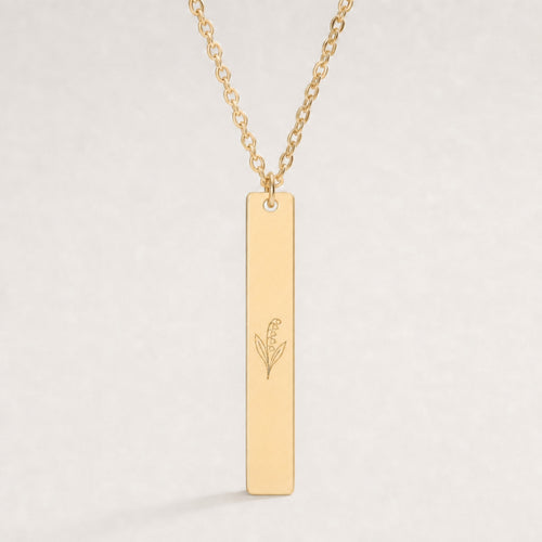 May Birth Flower Necklace — Lily of the Valley Vertical Bar Pendant