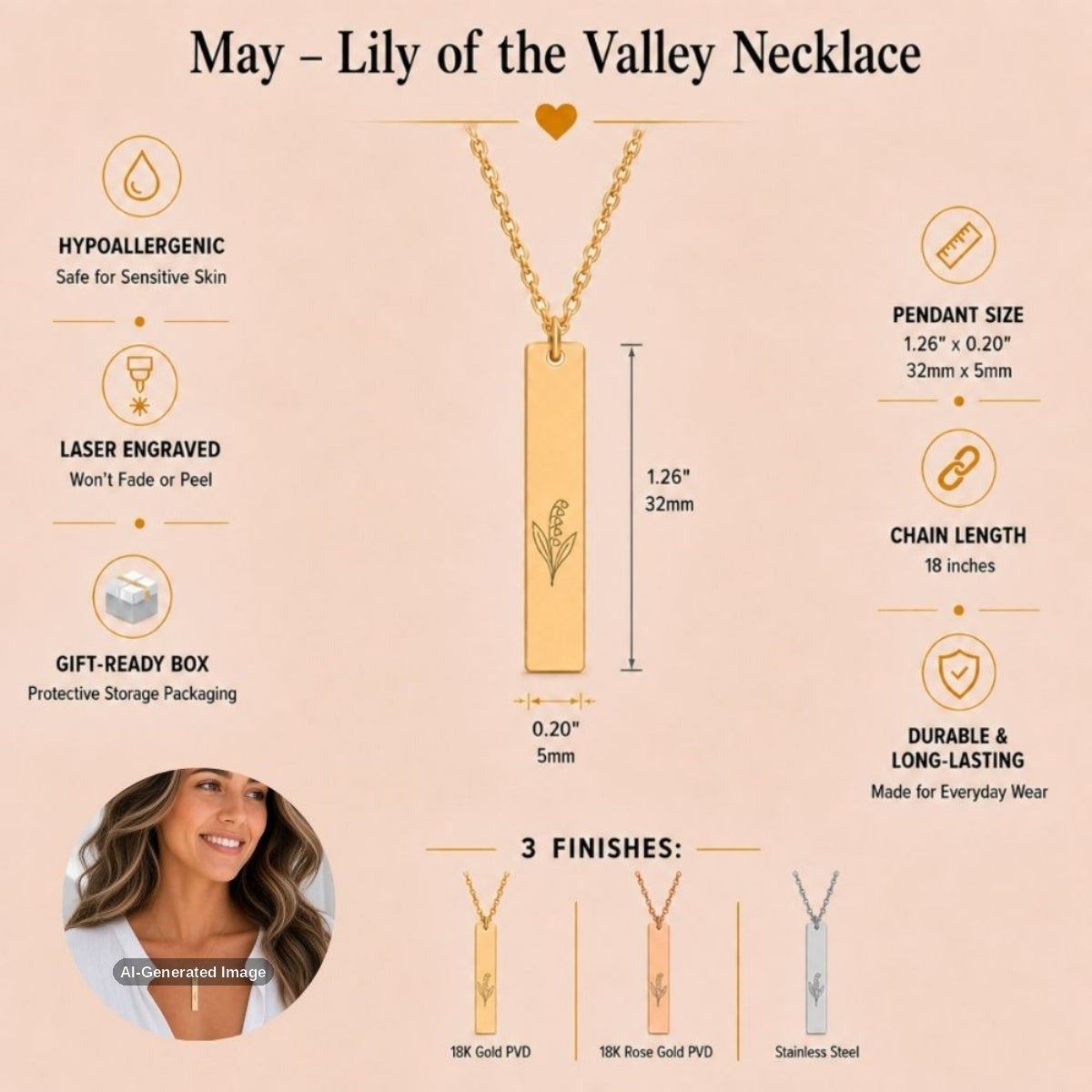 May birth flower necklace — Lily of the Valley vertical bar pendant specs: 1.26" × 0.20" × 0.08" (32 × 5 × 2 mm), 18-inch chain, premium 316L stainless steel