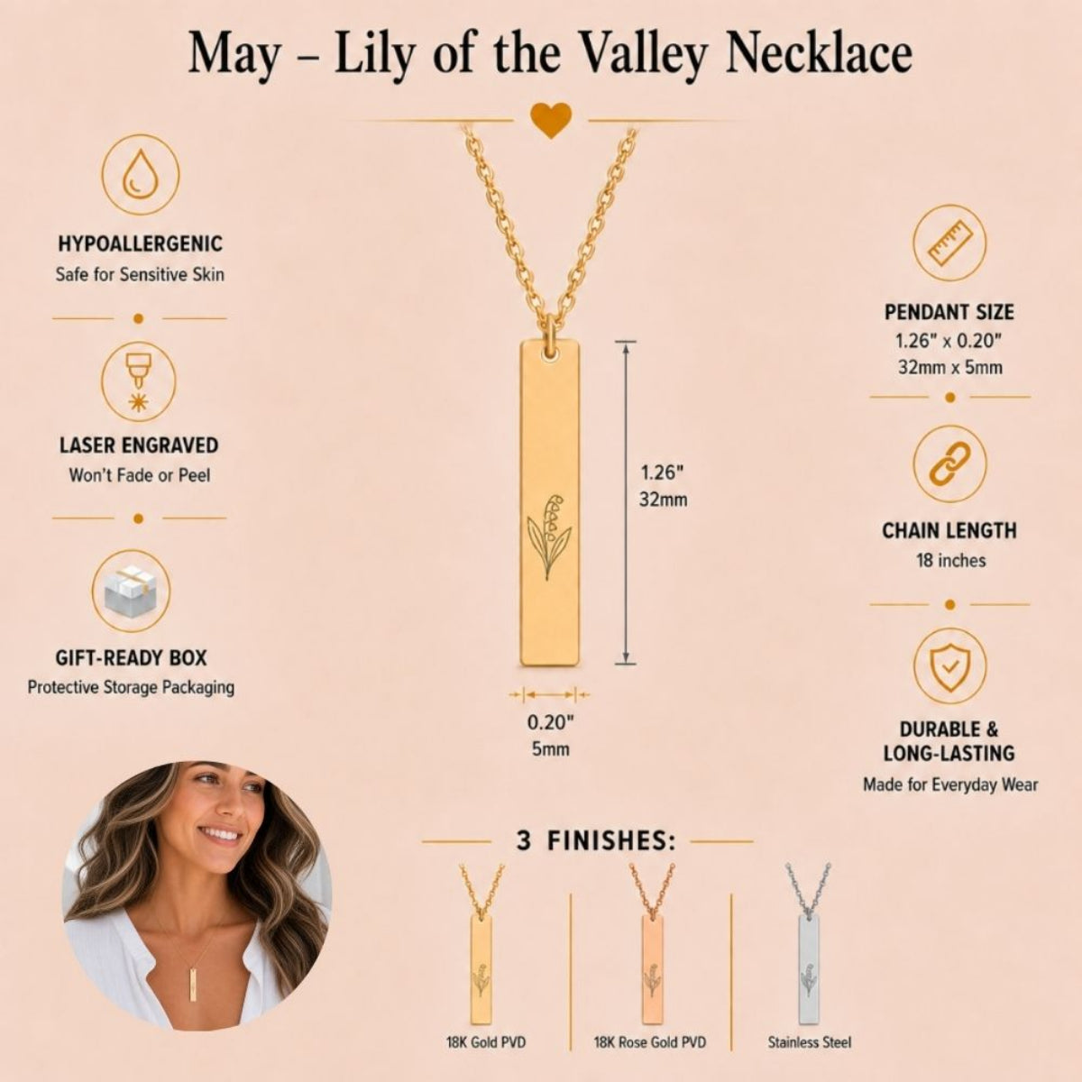 May birth flower necklace — Lily of the Valley vertical bar pendant specs: 1.26" × 0.20" × 0.08" (32 × 5 × 2 mm), 18-inch chain, premium 316L stainless steel