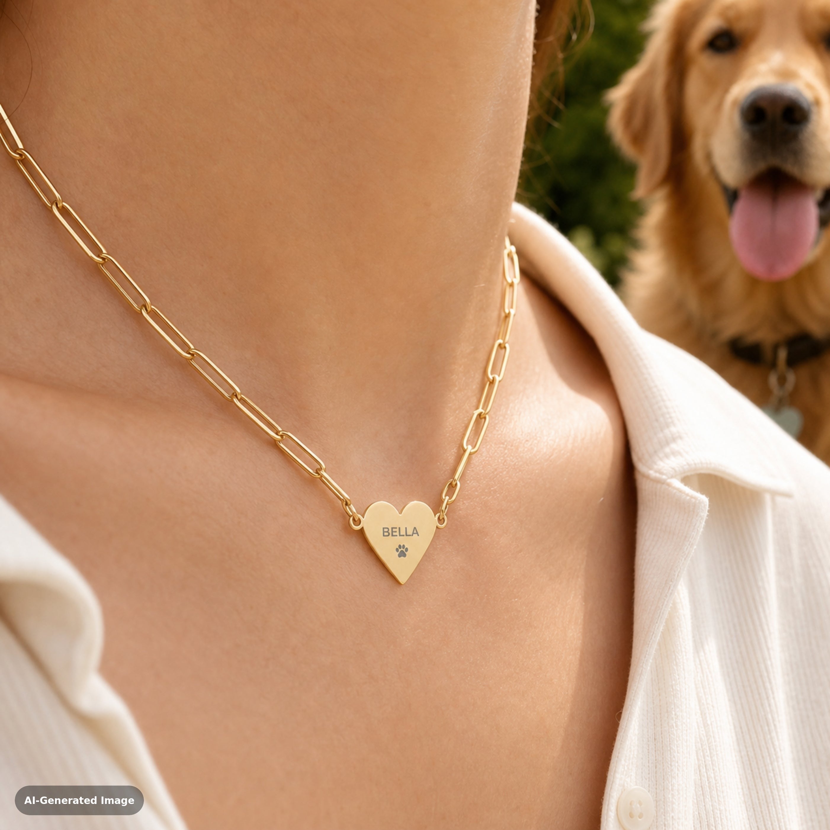 Gold engraved paperclip heart pendant necklace worn at the collarbone with a dog — a personalized keepsake for pet parents (AI-generated image).