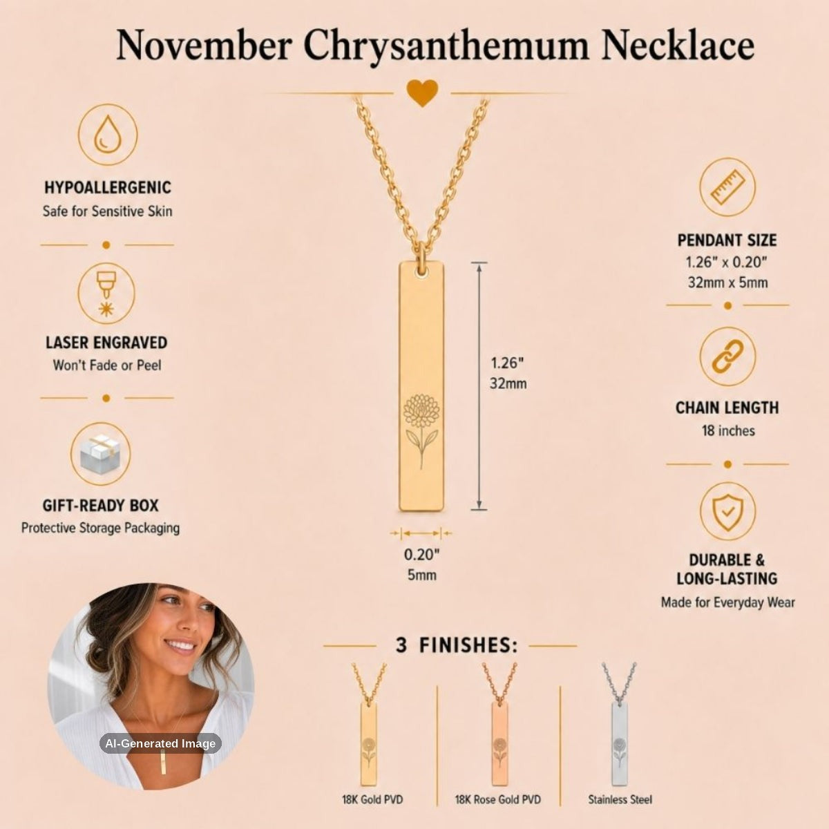 November birth flower necklace — Chrysanthemum vertical bar pendant specs: 1.26" × 0.20" × 0.08" (32 × 5 × 2 mm), 18-inch chain, premium 316L stainless steel