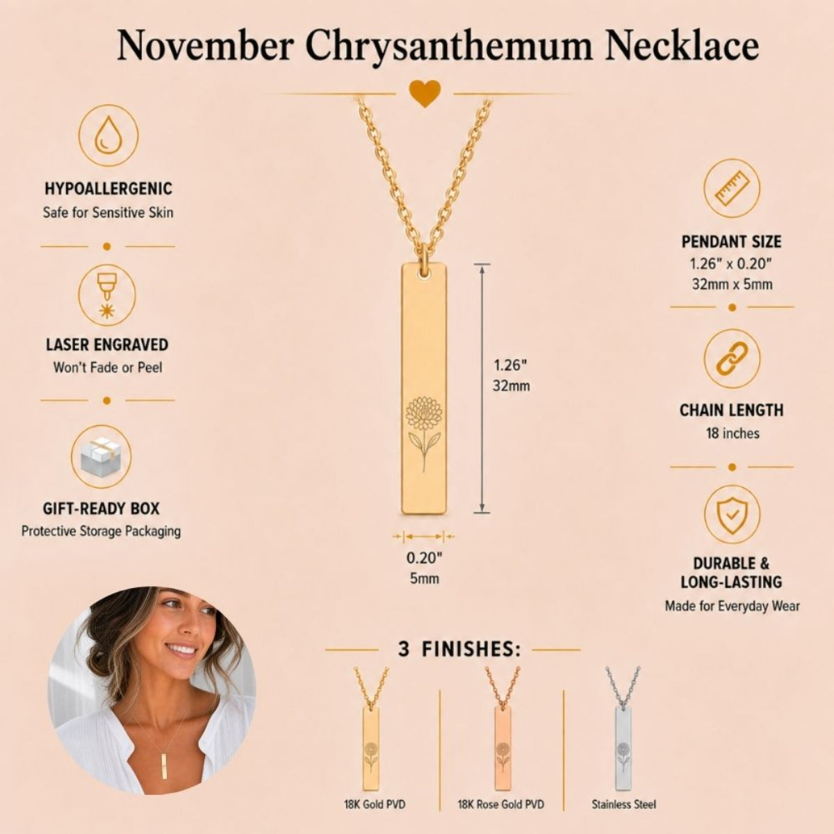 November birth flower necklace — Chrysanthemum vertical bar pendant specs: 1.26" × 0.20" × 0.08" (32 × 5 × 2 mm), 18-inch chain, premium 316L stainless steel