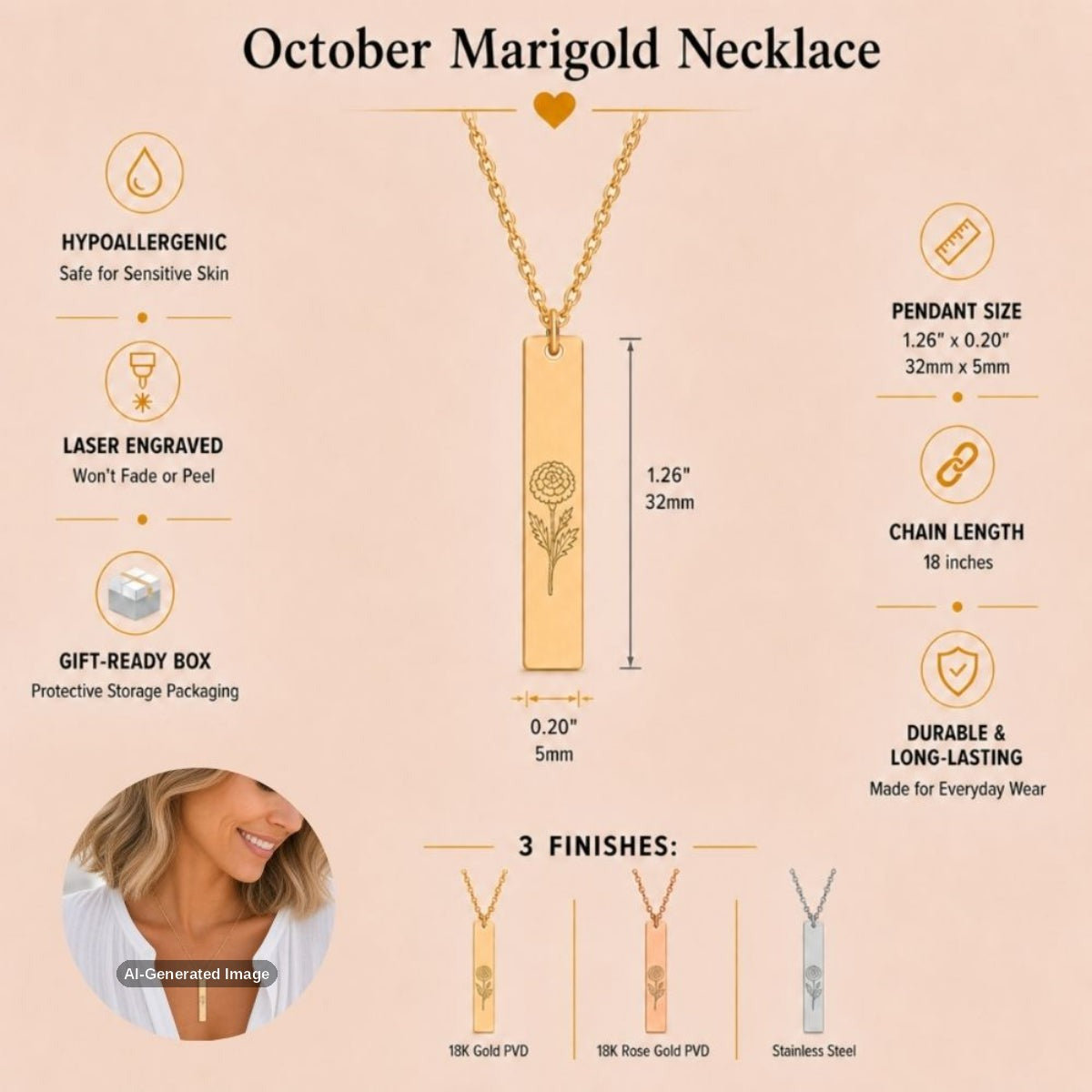 October birth flower necklace — Marigold vertical bar pendant specs: 1.26" × 0.20" × 0.08" (32 × 5 × 2 mm), 18-inch chain, premium 316L stainless steel