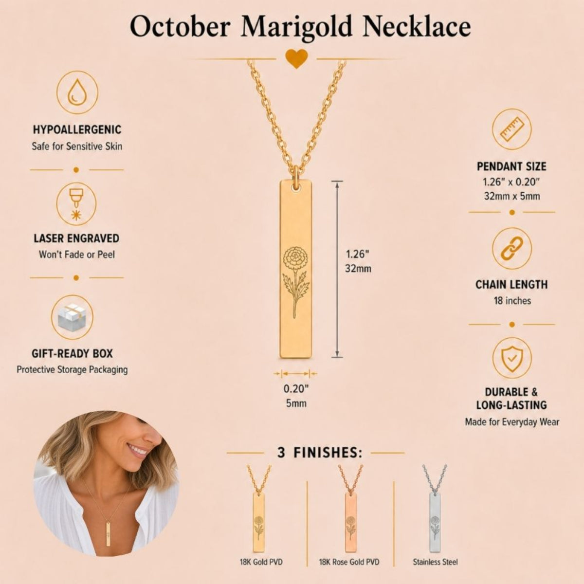 October birth flower necklace — Marigold vertical bar pendant specs: 1.26" × 0.20" × 0.08" (32 × 5 × 2 mm), 18-inch chain, premium 316L stainless steel