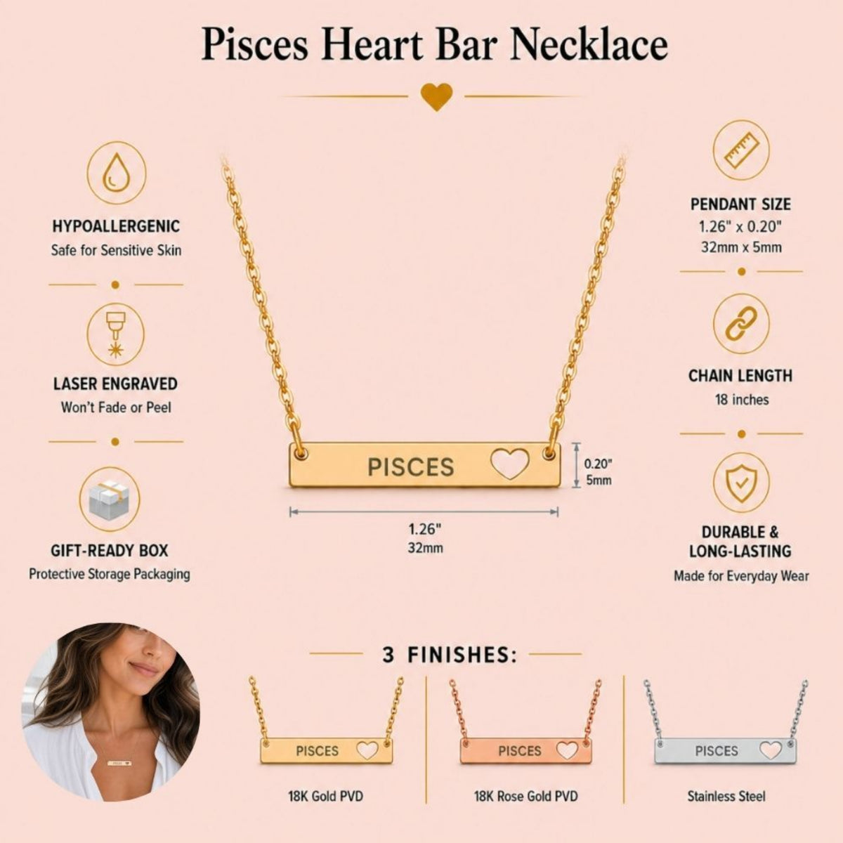 Pisces zodiac necklace detail shot — 32mm cutout heart bar specifications, 18K Gold polished mirror finish, grey laser-etched PISCES, 316L stainless steel base, PVD coating