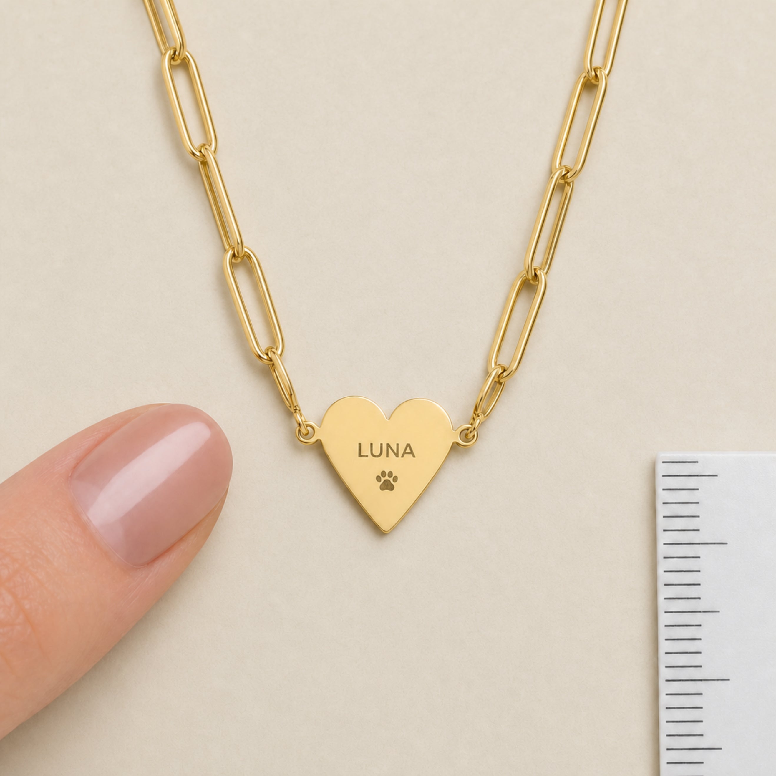 Memory That Lasts personalized paperclip heart necklace, gold finish, scale reference with ruler
