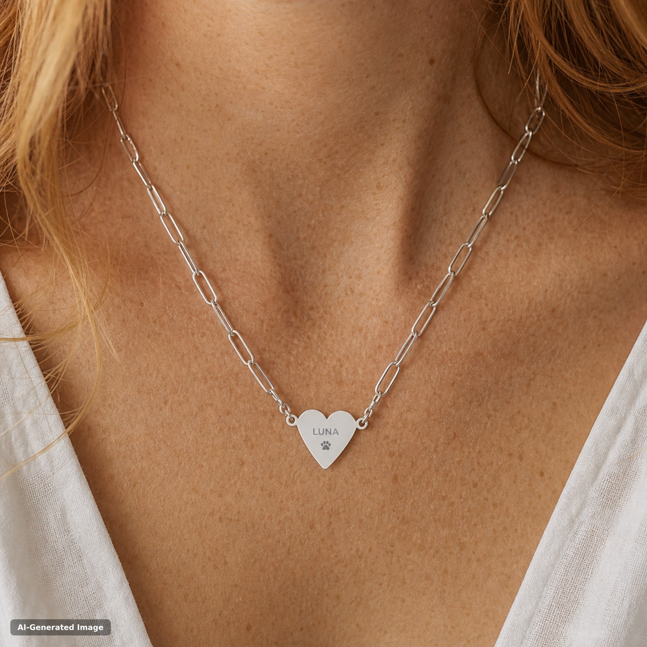 Stainless steel paperclip-chain heart necklace engraved with a name and paw print, worn on the neck. (AI-generated image)