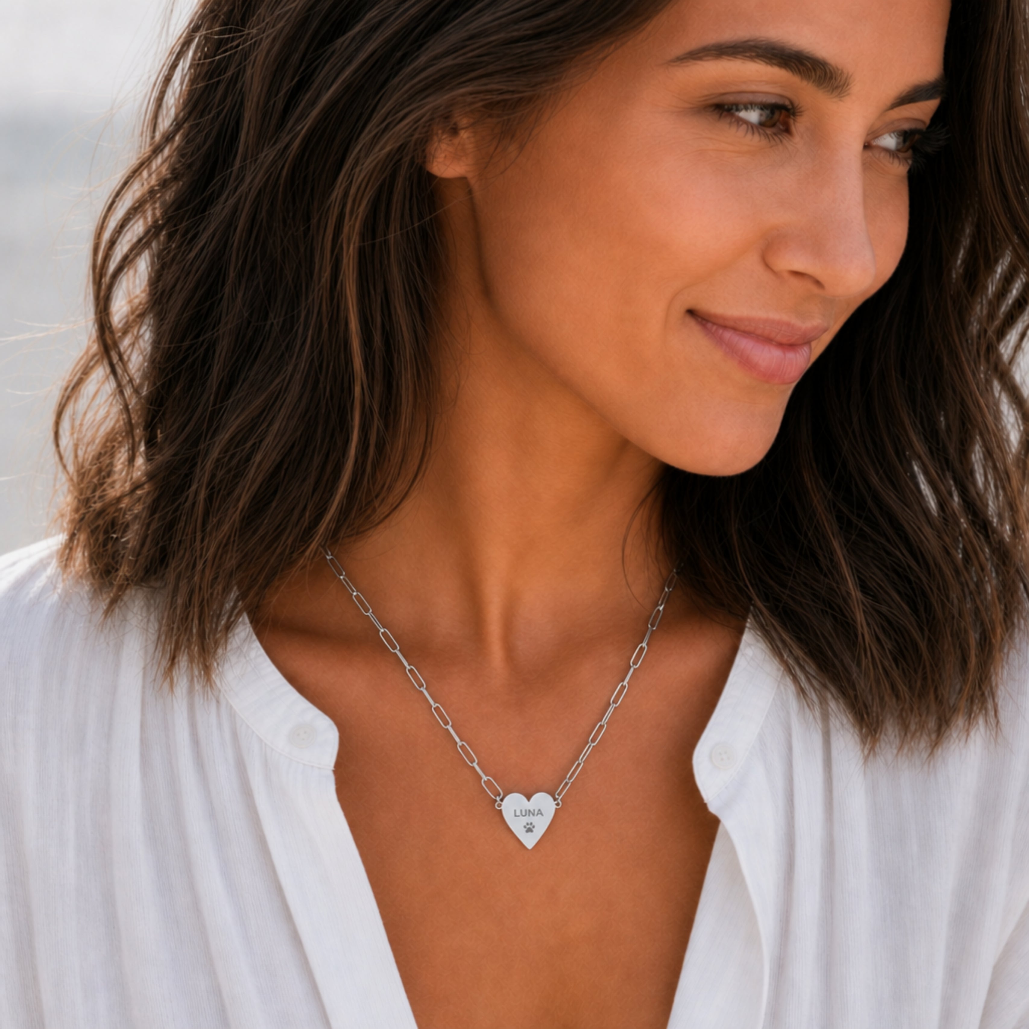 Memory That Lasts personalized paperclip heart necklace, stainless steel finish, worn lifestyle