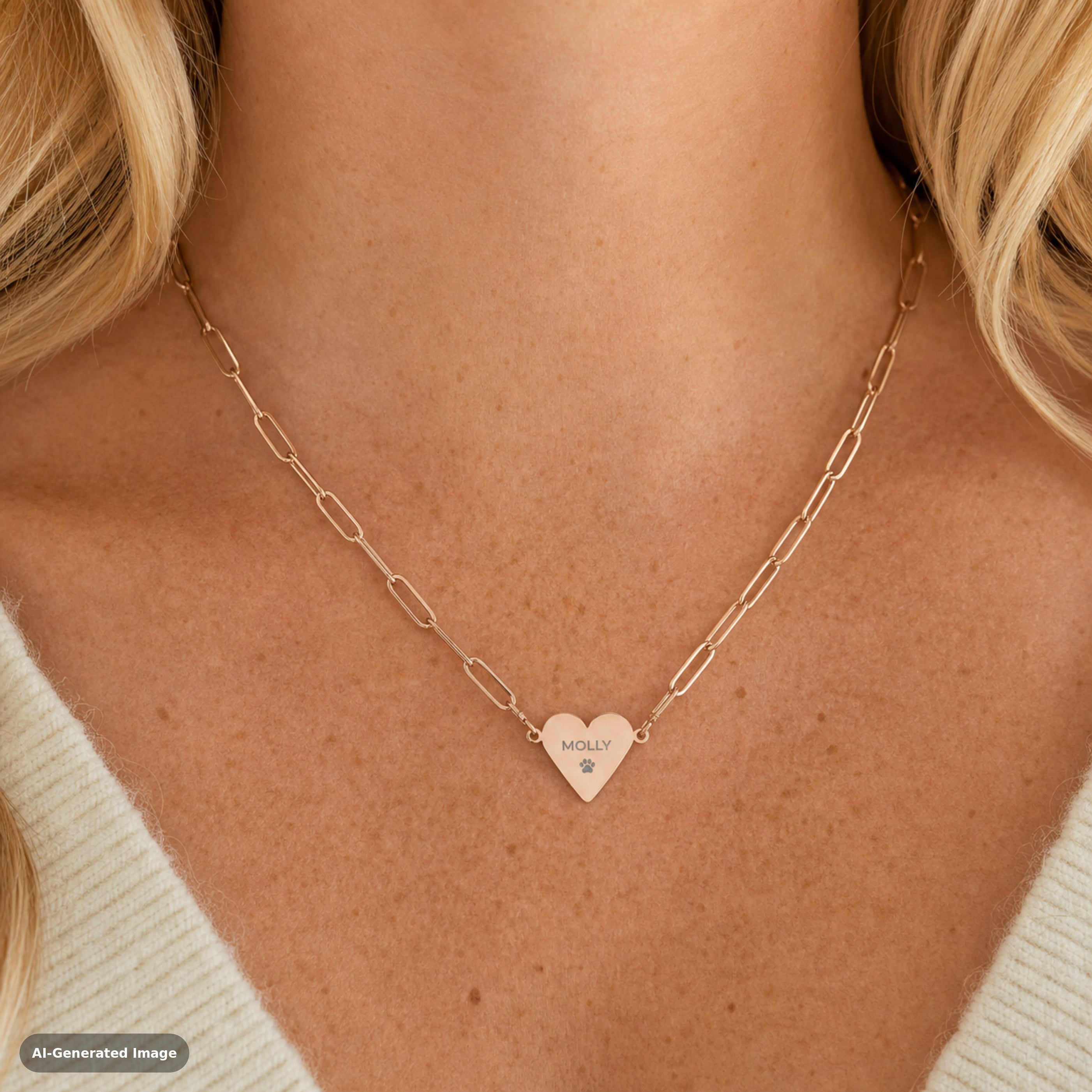 Rose gold engraved paperclip heart pendant necklace worn at the collarbone — a personalized keepsake for pet parents (AI-generated image).