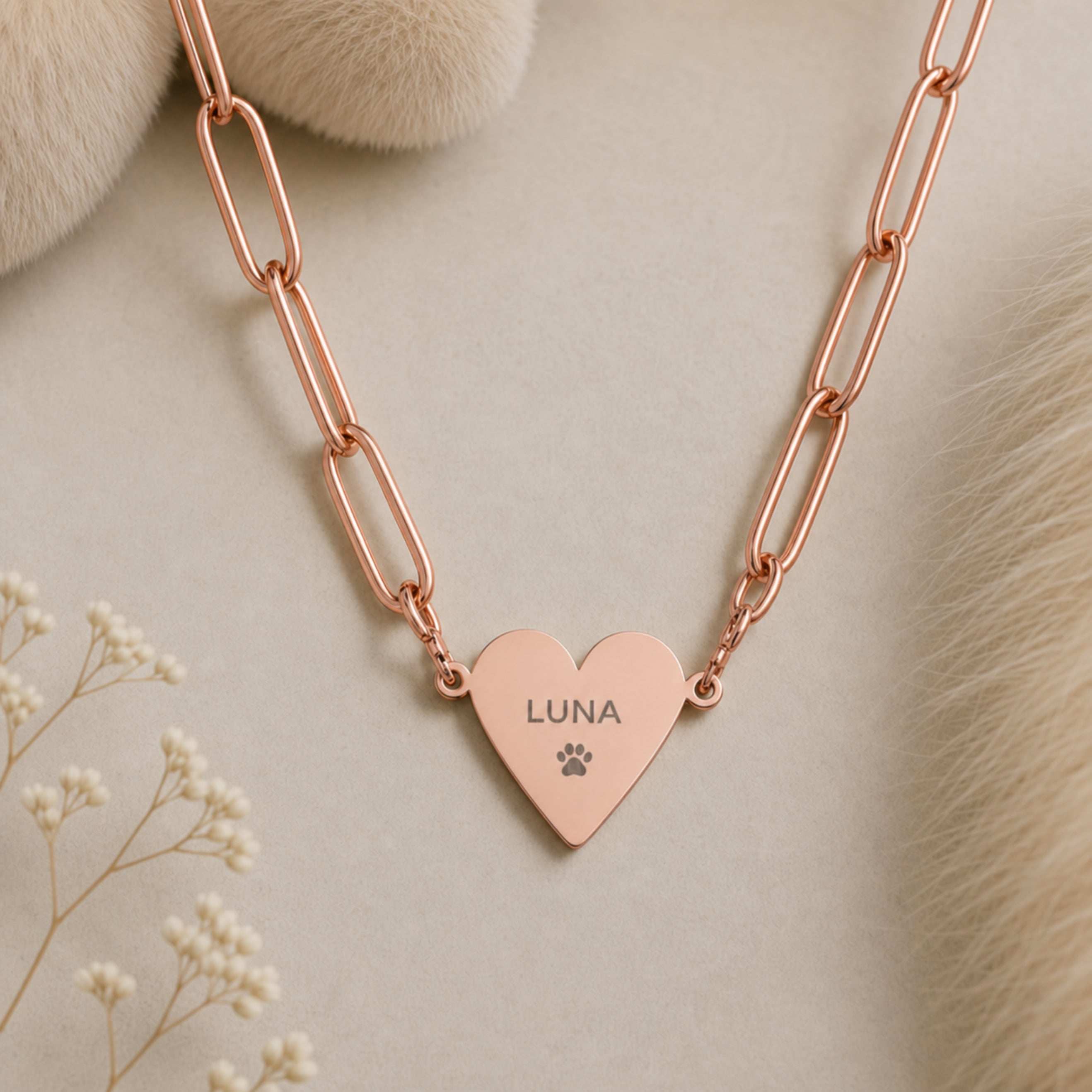 Rose gold engraved paperclip heart pendant necklace flat-lay on cream silk with paperclip-link chain shown — a dainty personalized keepsake. Memory That Lasts.