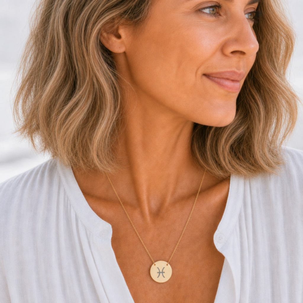 Pisces zodiac coin necklace worn on model in 18K gold — engraved Pisces Fish pendant resting on chest, layered everyday necklace, personalized birthday gift for Pisces, February March zodiac