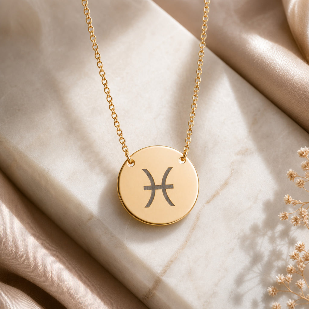Pisces zodiac coin necklace flatlay — 18K gold pendant engraved with Pisces fish glyph on white marble with dried floral, premium personalized astrology necklace gift for March birthday