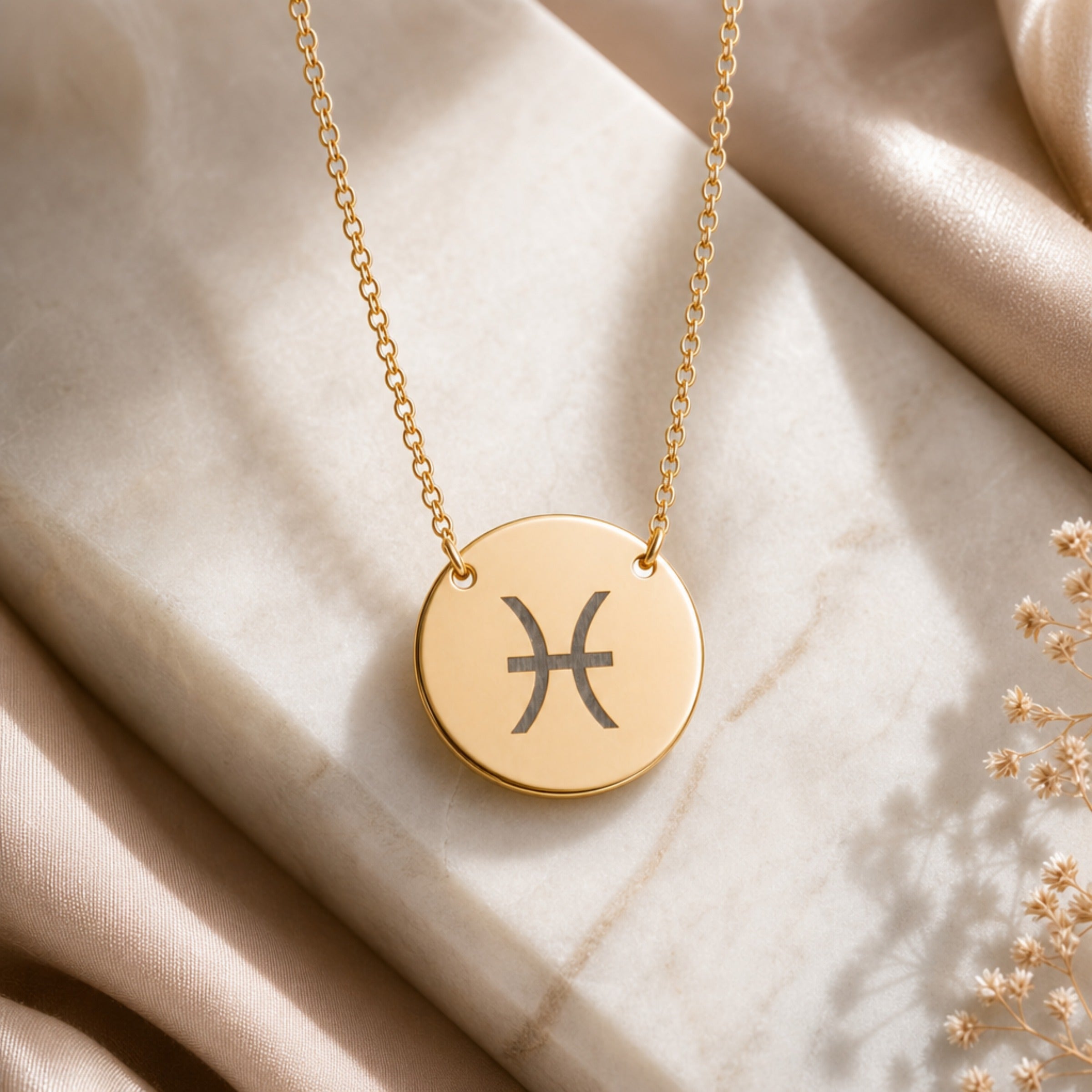 Pisces zodiac coin necklace flatlay — 18K gold pendant engraved with Pisces fish glyph on white marble with dried floral, premium personalized astrology necklace gift for March birthday