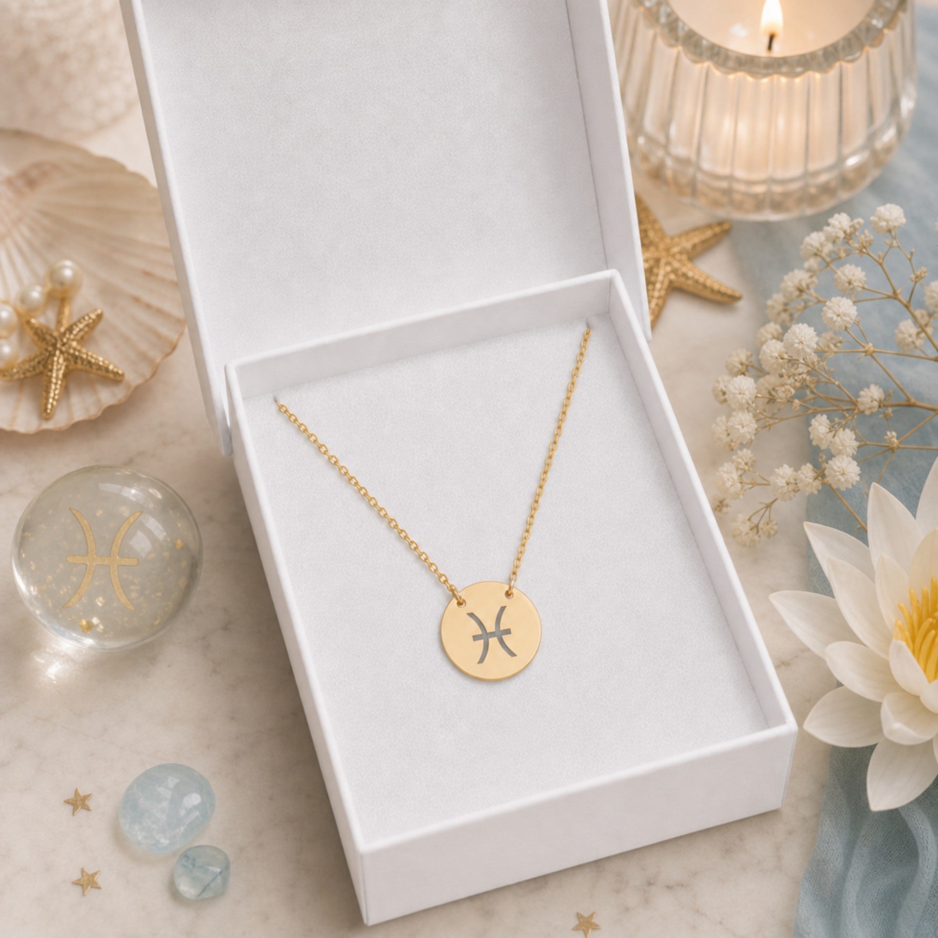 Pisces zodiac coin necklace presented in a luxe gift box — ready to give (AI-generated image). Memory That Lasts.