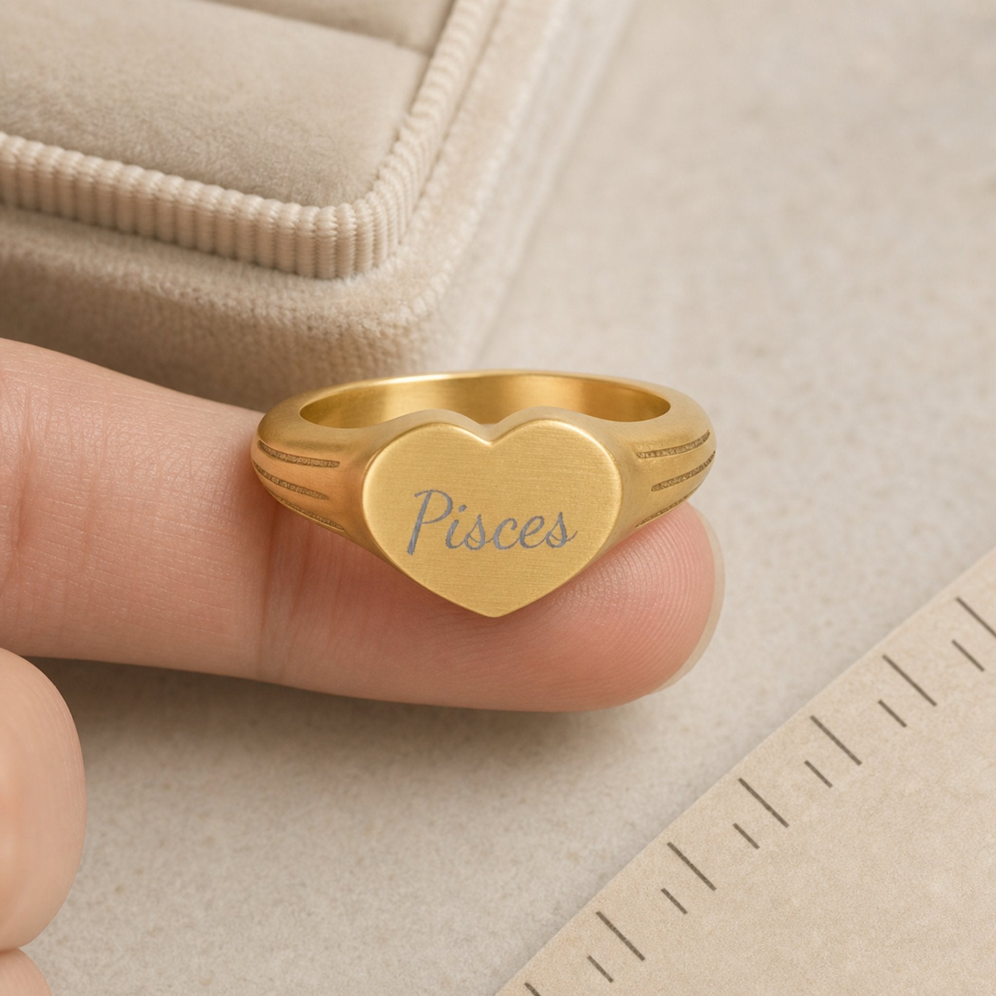 Pisces zodiac heart signet ring scale-in-hand — fingers holding heart ring next to gift box and ruler, dainty signet sizing