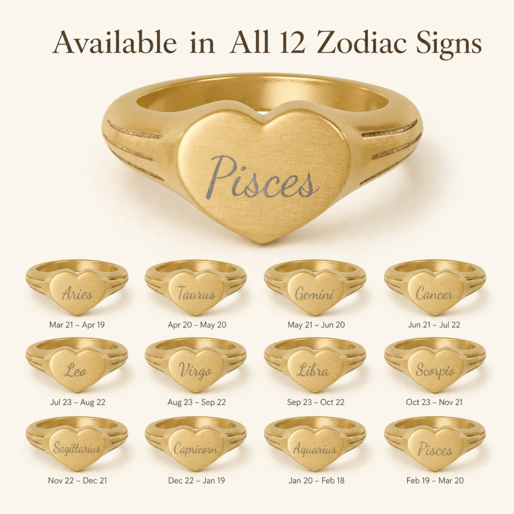 Pisces zodiac heart signet ring — available in all 12 zodiac signs, variant grid with date ranges