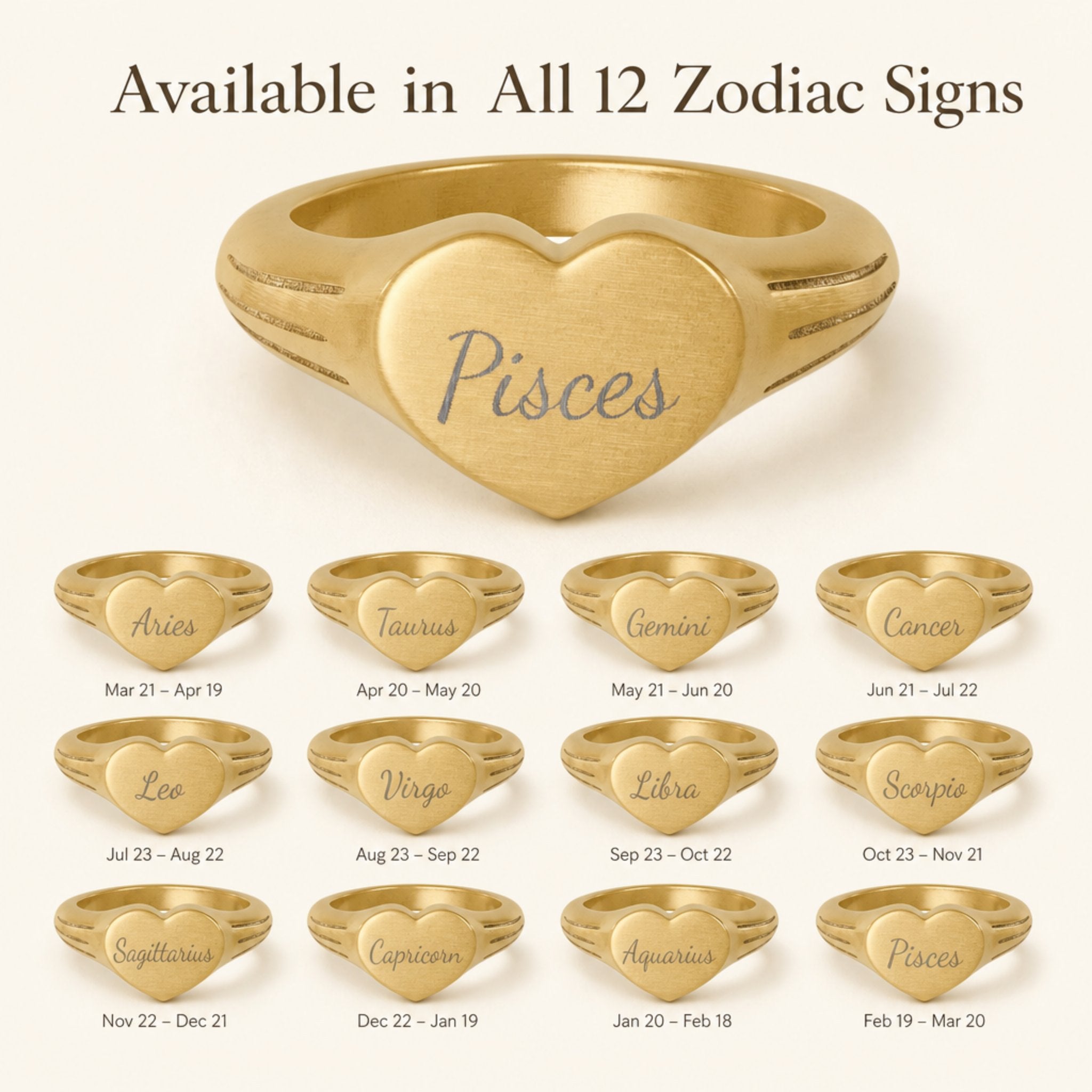 Pisces zodiac heart signet ring — available in all 12 zodiac signs, variant grid with date ranges
