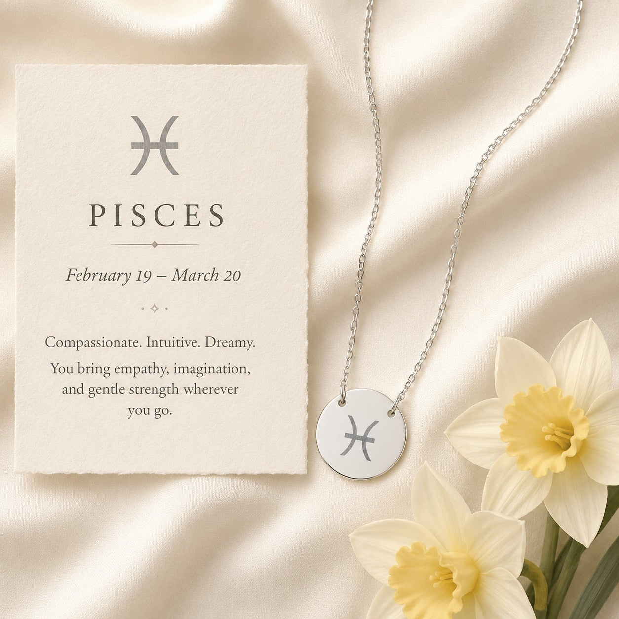 Pisces zodiac coin necklace — engraved star sign pendant. Memory That Lasts.