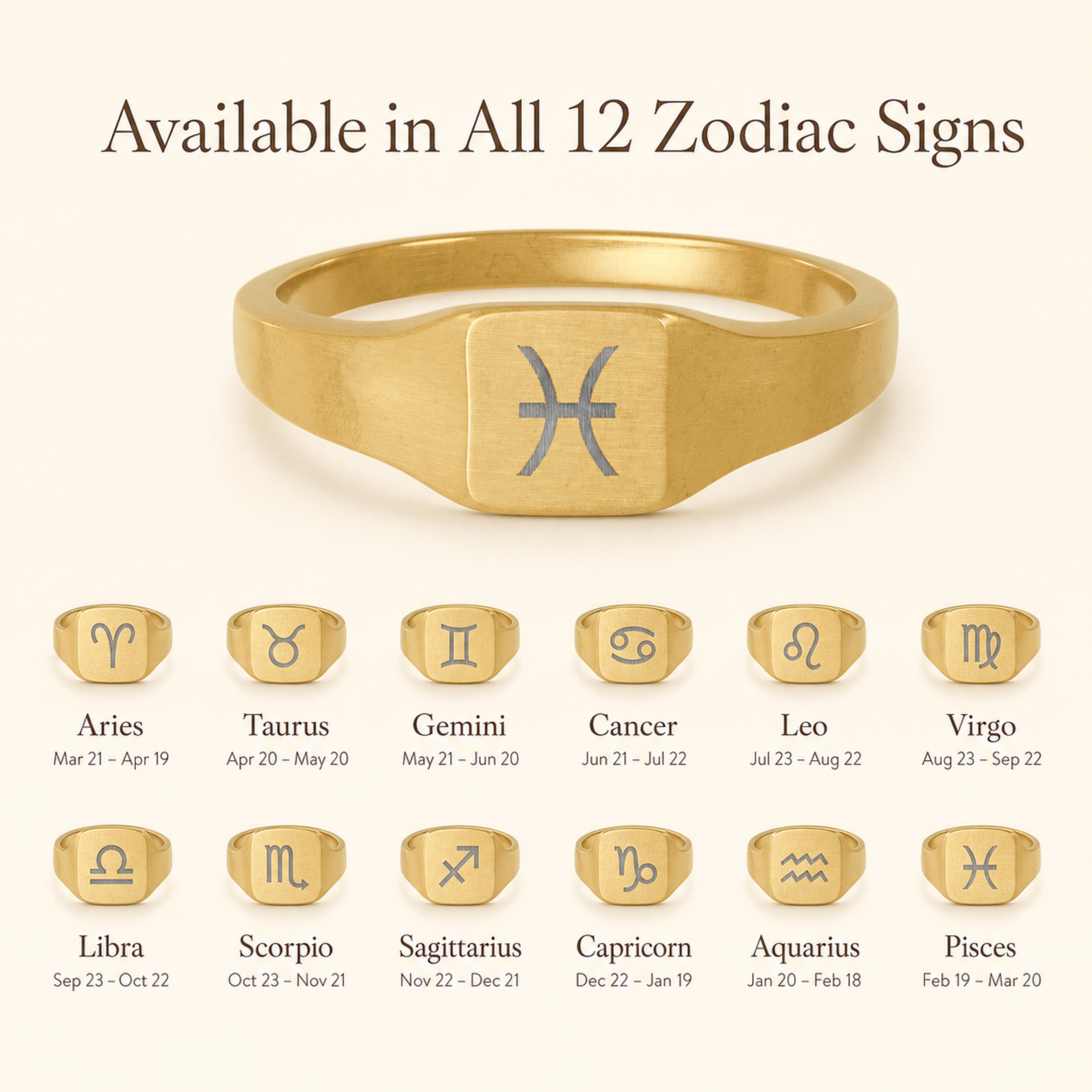 Pisces zodiac square signet ring — available in all 12 zodiac signs, variant grid with date ranges
