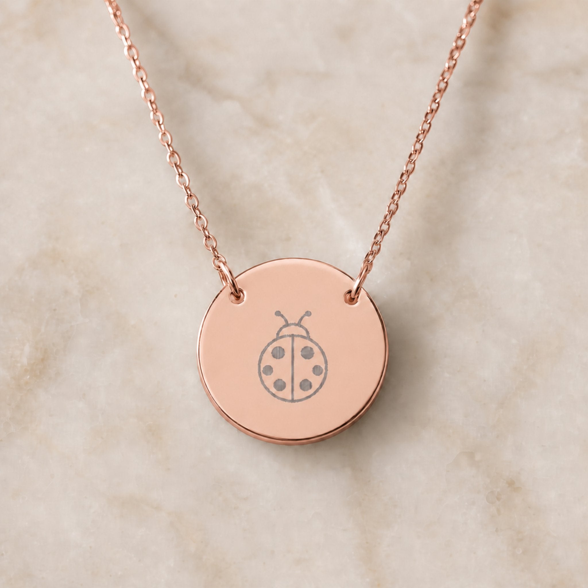 Dainty engraved ladybug coin necklace in 18K rose gold PVD — laser-engraved ladybug on round pendant, soft warm lifestyle