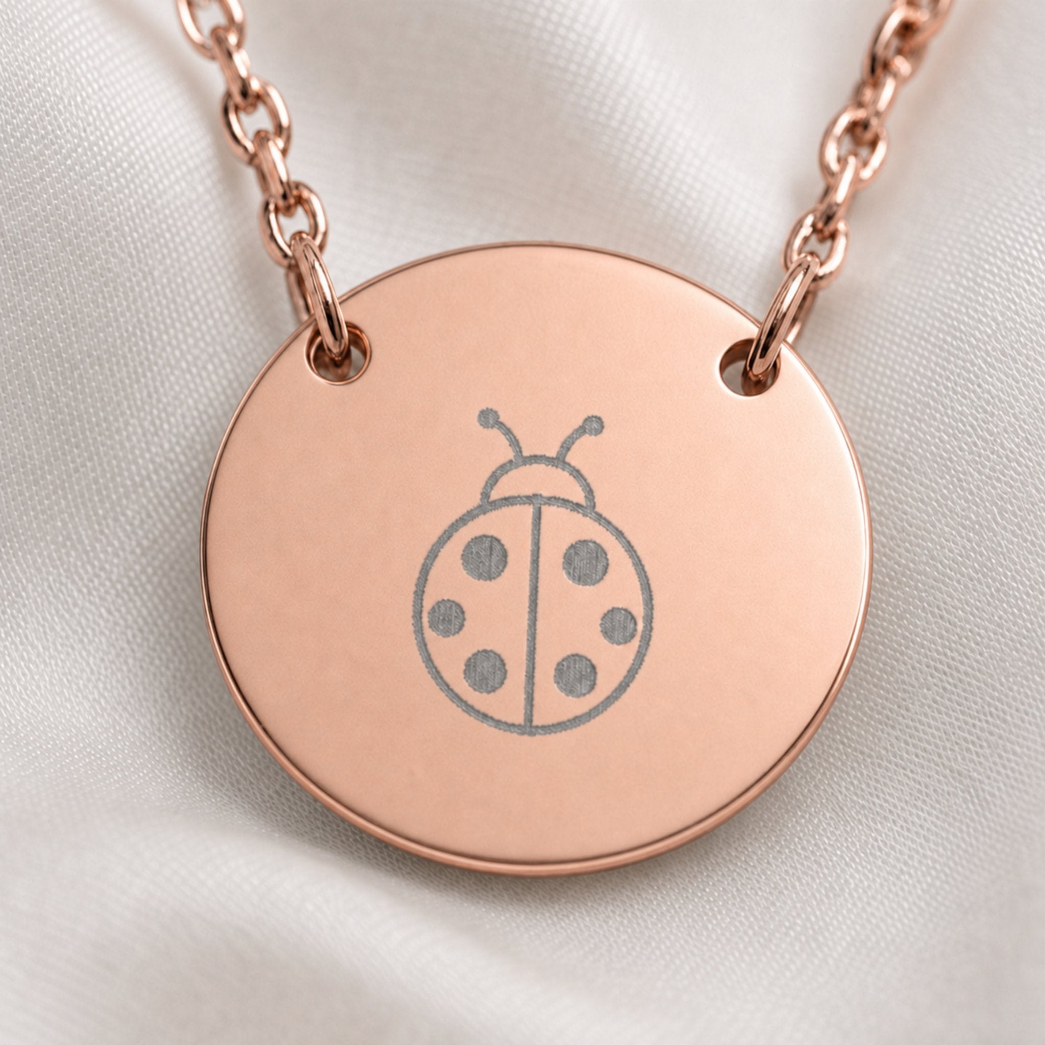 Dainty engraved ladybug coin necklace in 18K rose gold PVD — laser-engraved ladybug on round pendant, soft warm lifestyle