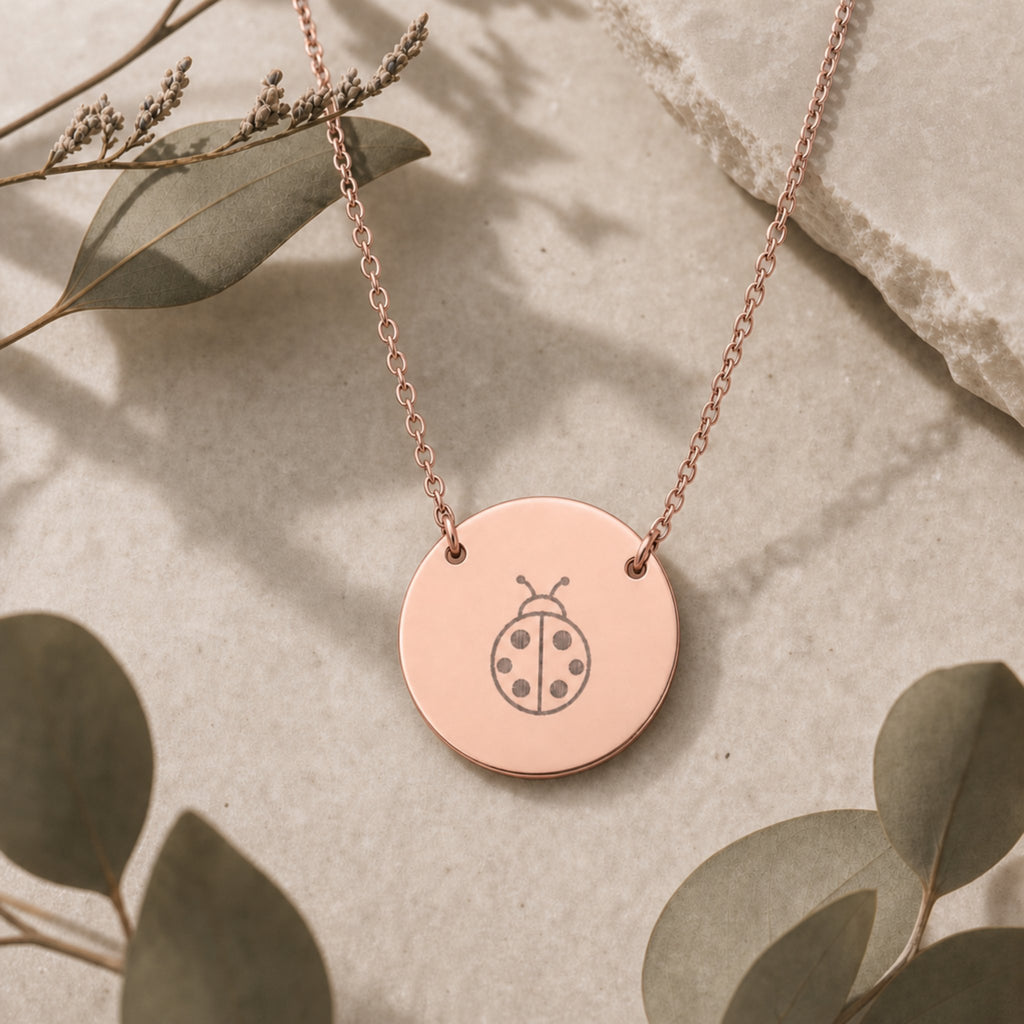 Dainty engraved ladybug coin necklace in 18K rose gold PVD — laser-engraved ladybug on round pendant, soft warm lifestyle
