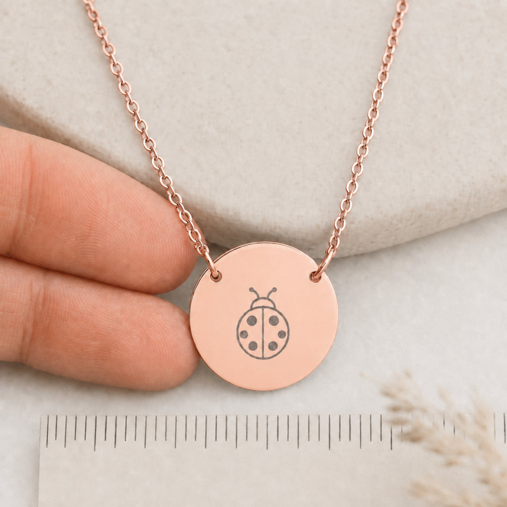 Dainty engraved ladybug coin necklace in 18K rose gold PVD — laser-engraved ladybug on round pendant, soft warm lifestyle