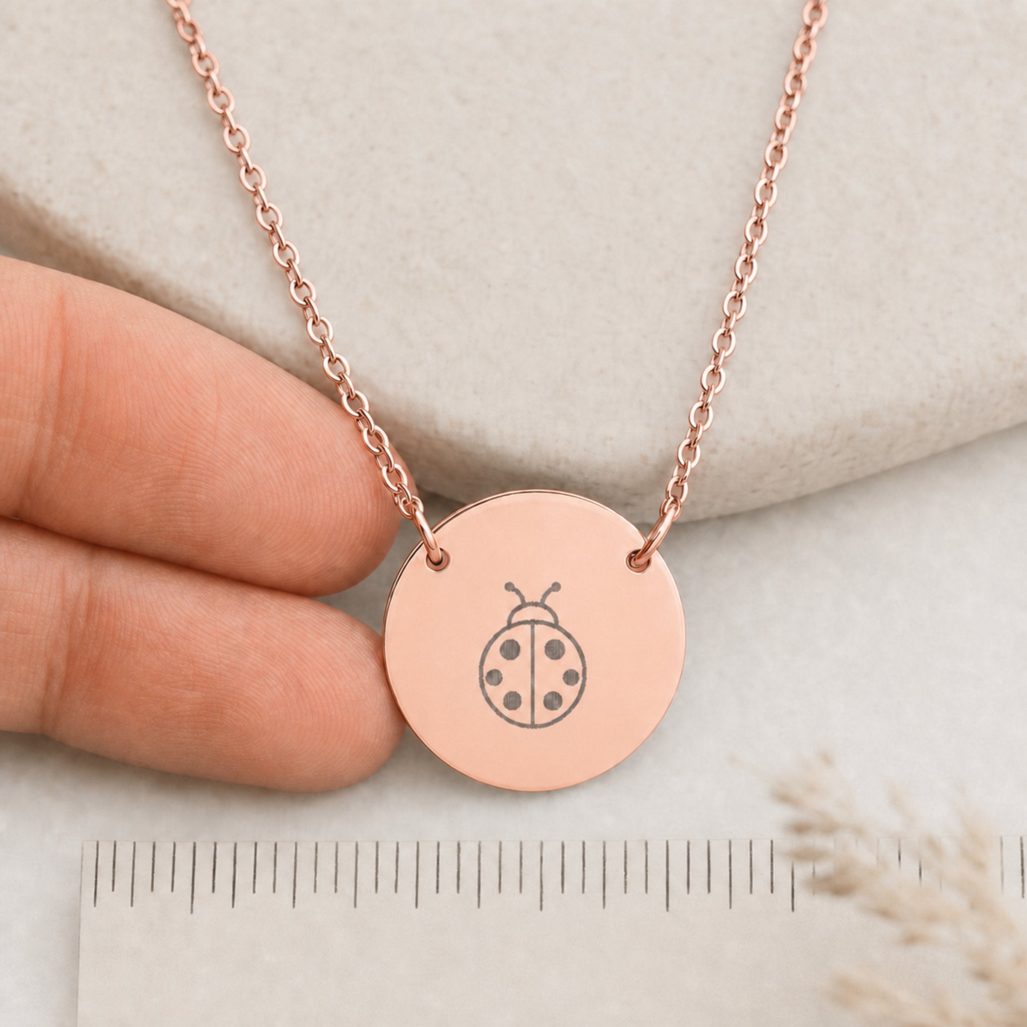 Dainty engraved ladybug coin necklace in 18K rose gold PVD — laser-engraved ladybug on round pendant, soft warm lifestyle