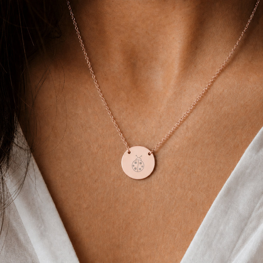 Dainty engraved ladybug coin necklace in 18K rose gold PVD — laser-engraved ladybug on round pendant, soft warm lifestyle