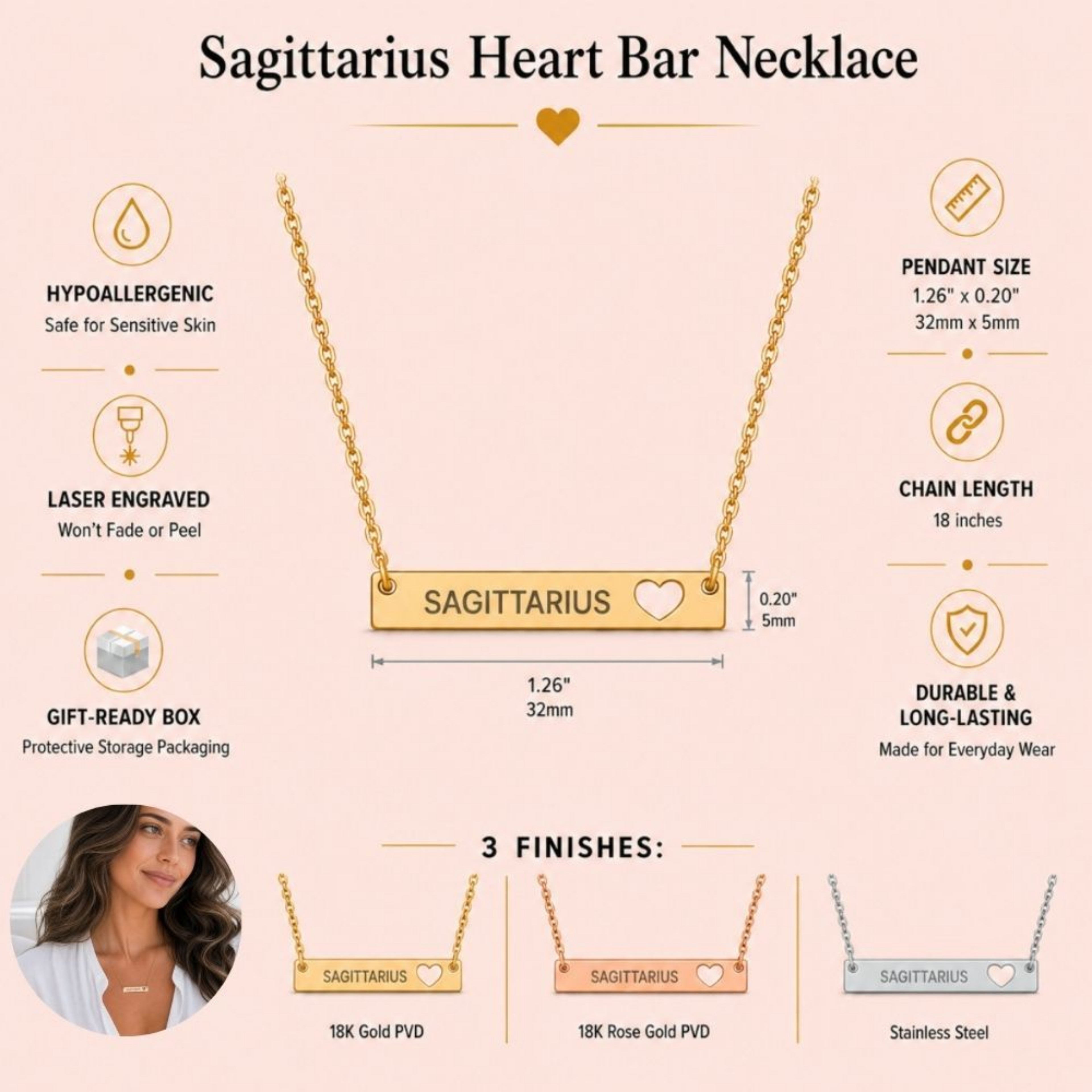 Sagittarius zodiac necklace specifications — 32mm x 5mm cutout heart bar, 18-inch chain, hypoallergenic laser-engraved SAGITTARIUS, shown in 18K Gold, Rose Gold and Stainless Steel finishes