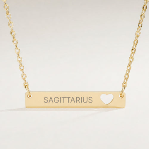 Sagittarius Zodiac Necklace — Engraved Cutout Heart Bar Pendant