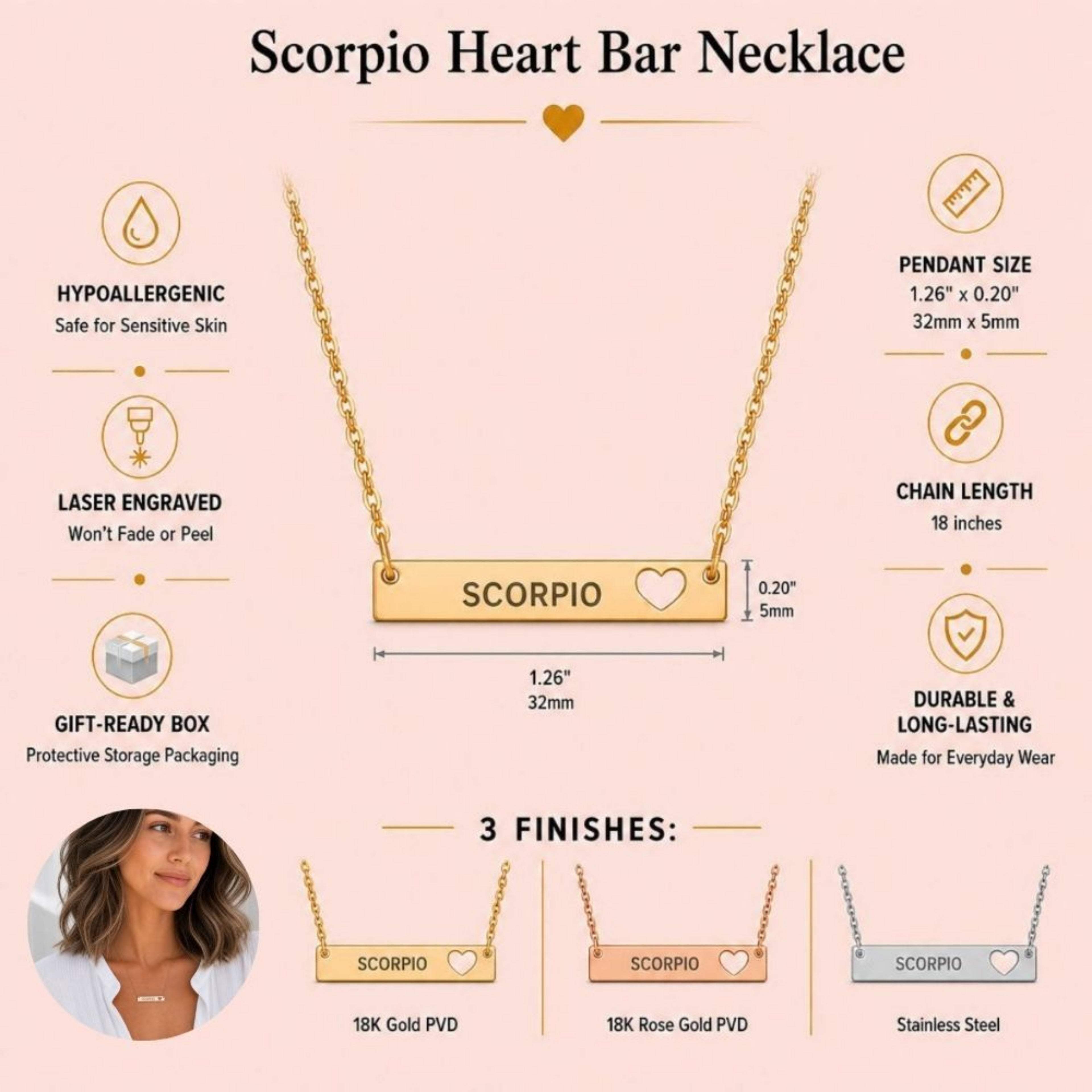Scorpio zodiac necklace specifications — 32mm x 5mm cutout heart bar, 18-inch chain, hypoallergenic laser-engraved SCORPIO, shown in 18K Gold, Rose Gold and Stainless Steel finishes