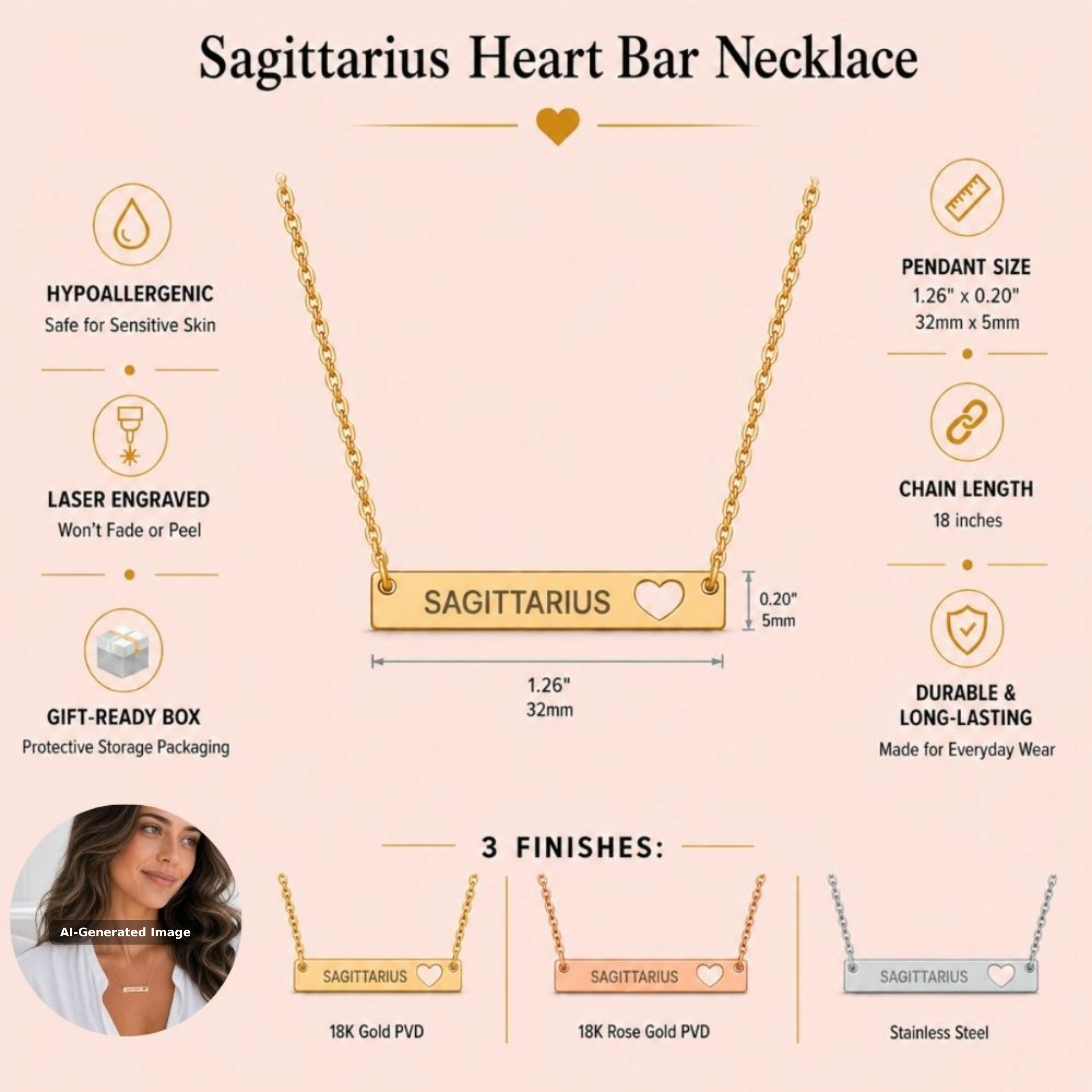 Sagittarius zodiac necklace specifications — 32mm x 5mm cutout heart bar, 18-inch chain, hypoallergenic laser-engraved SAGITTARIUS, shown in 18K Gold, Rose Gold and Stainless Steel finishes (AI-generated image)