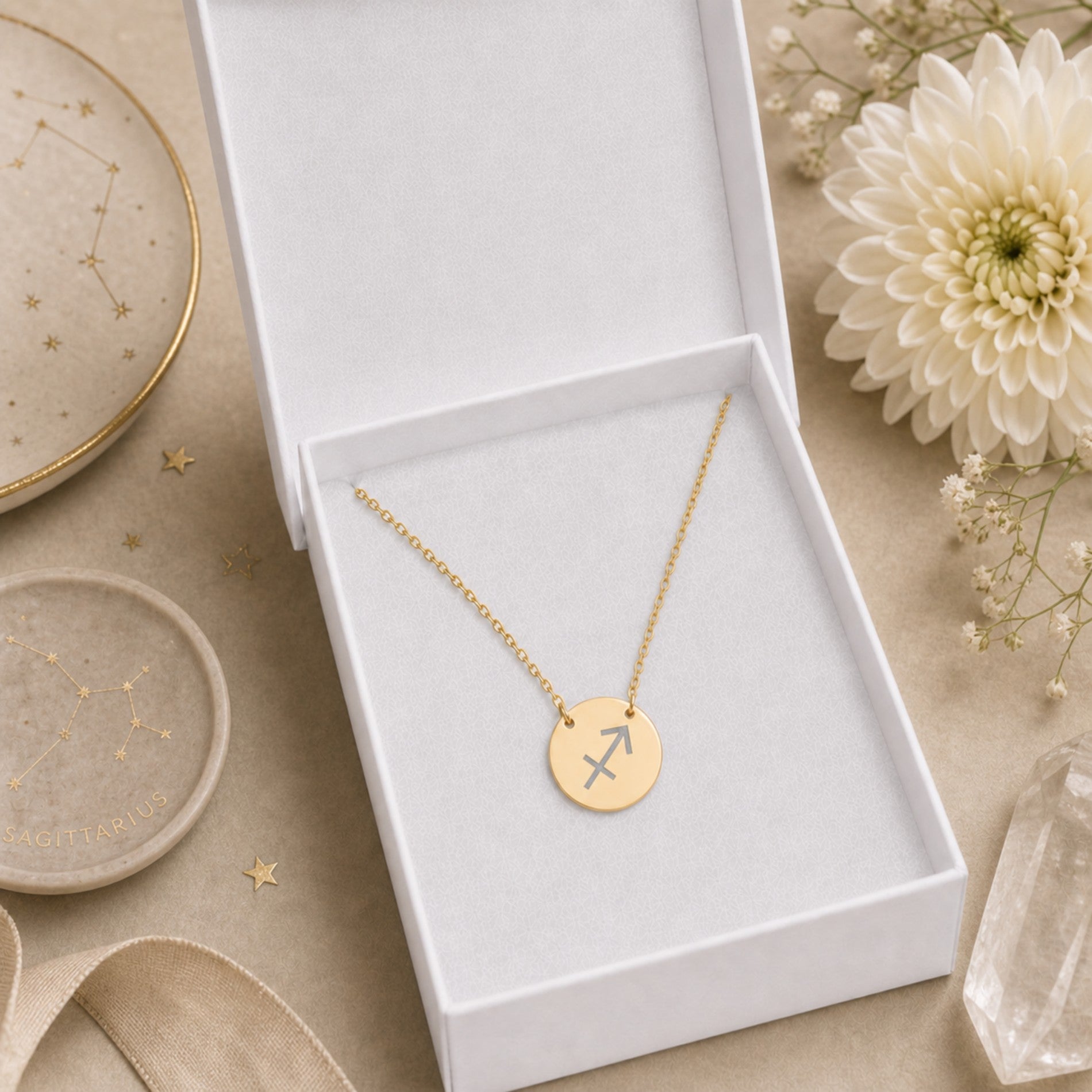 Sagittarius zodiac coin necklace presented in a luxe gift box — ready to give (AI-generated image). Memory That Lasts.