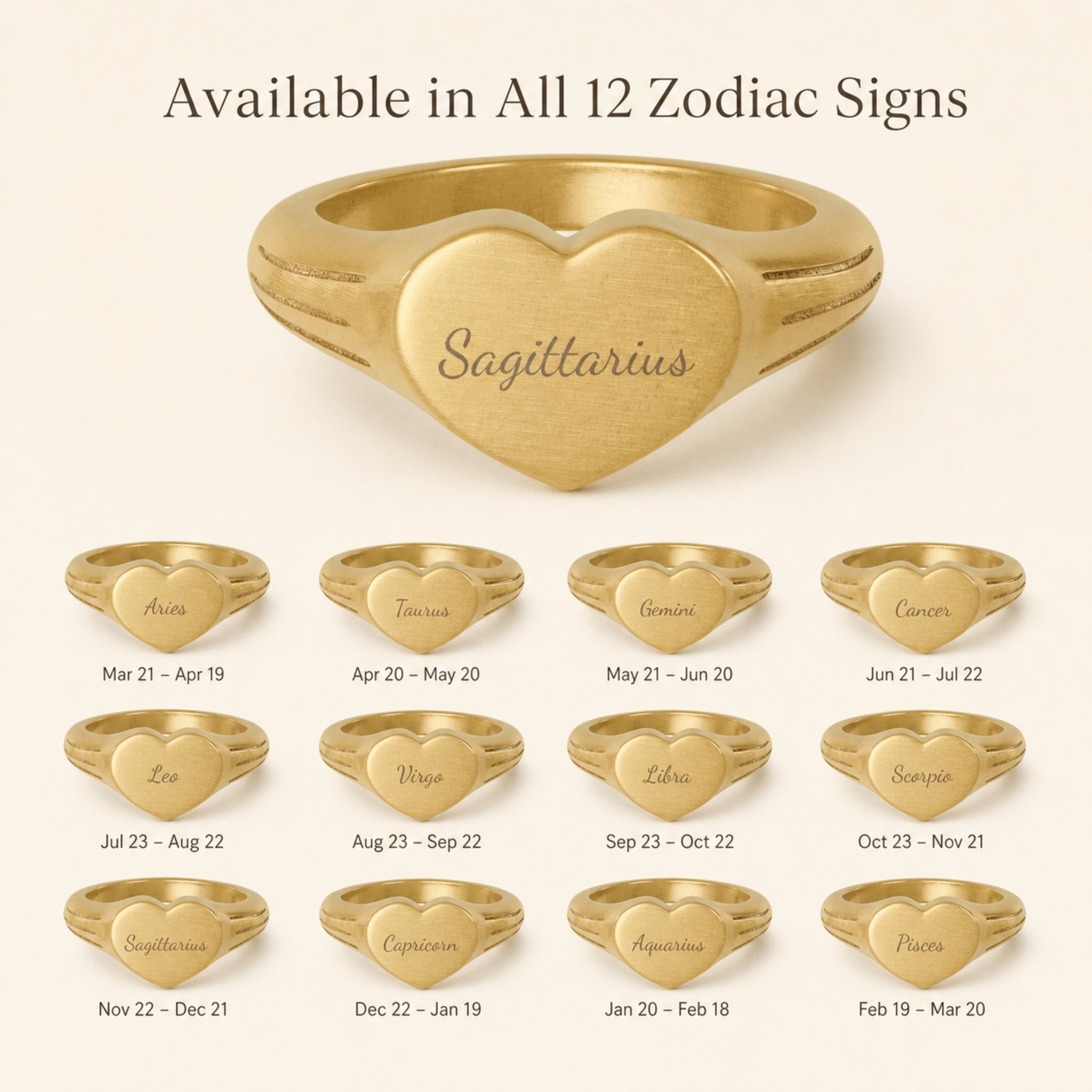 Sagittarius zodiac heart signet ring — available in all 12 zodiac signs, variant grid with date ranges